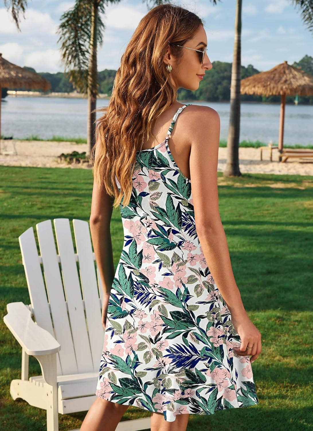 MISFAY Women Summer Spaghetti Strap Button V Neck Sleeveless Causal Beach Cover Up with Pocket(Flower Pink White,L) - Image 4