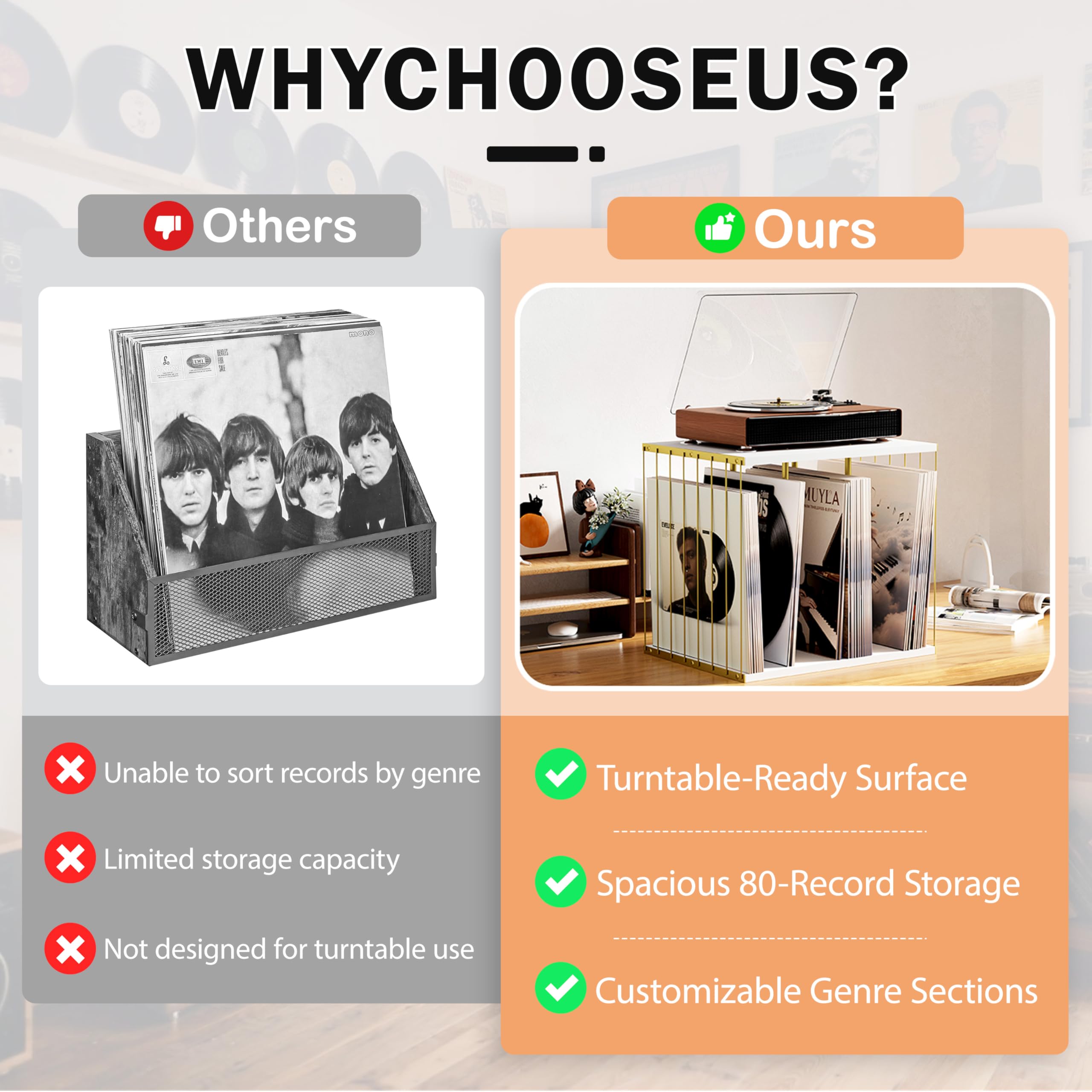 Caisse à vinyles en bois, support vinyles, style vintage multifonctionnel Meuble pour vinyle avec 3 compartiments, support tourne-disque vinyle jusqu'à 100 albums, pour salon ou bureau (blanc)