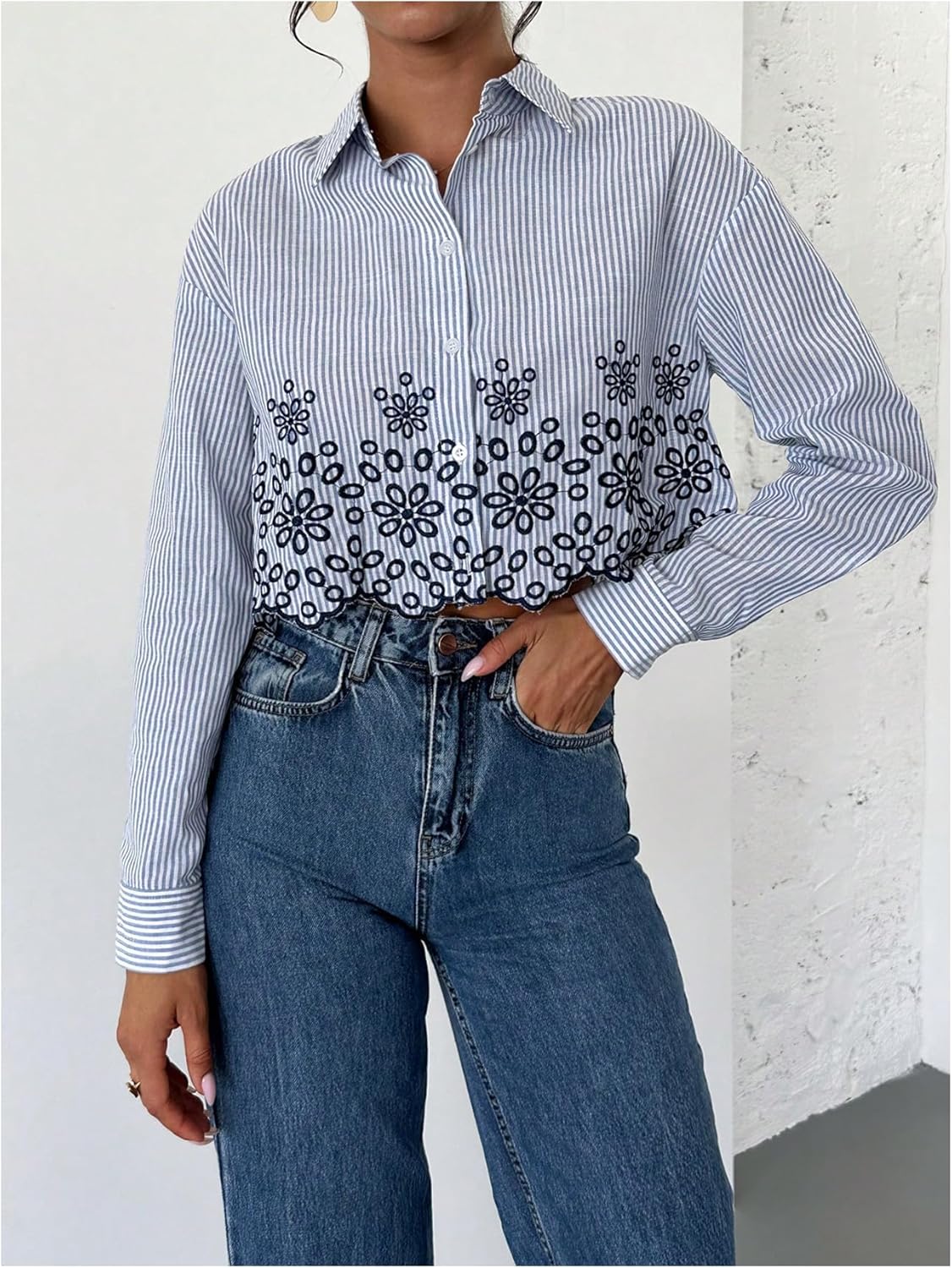 SweatyRocks Women's Striped Button Down Shirts Collared Long Sleeve Floral Embroidered Blouse Top - Image 3