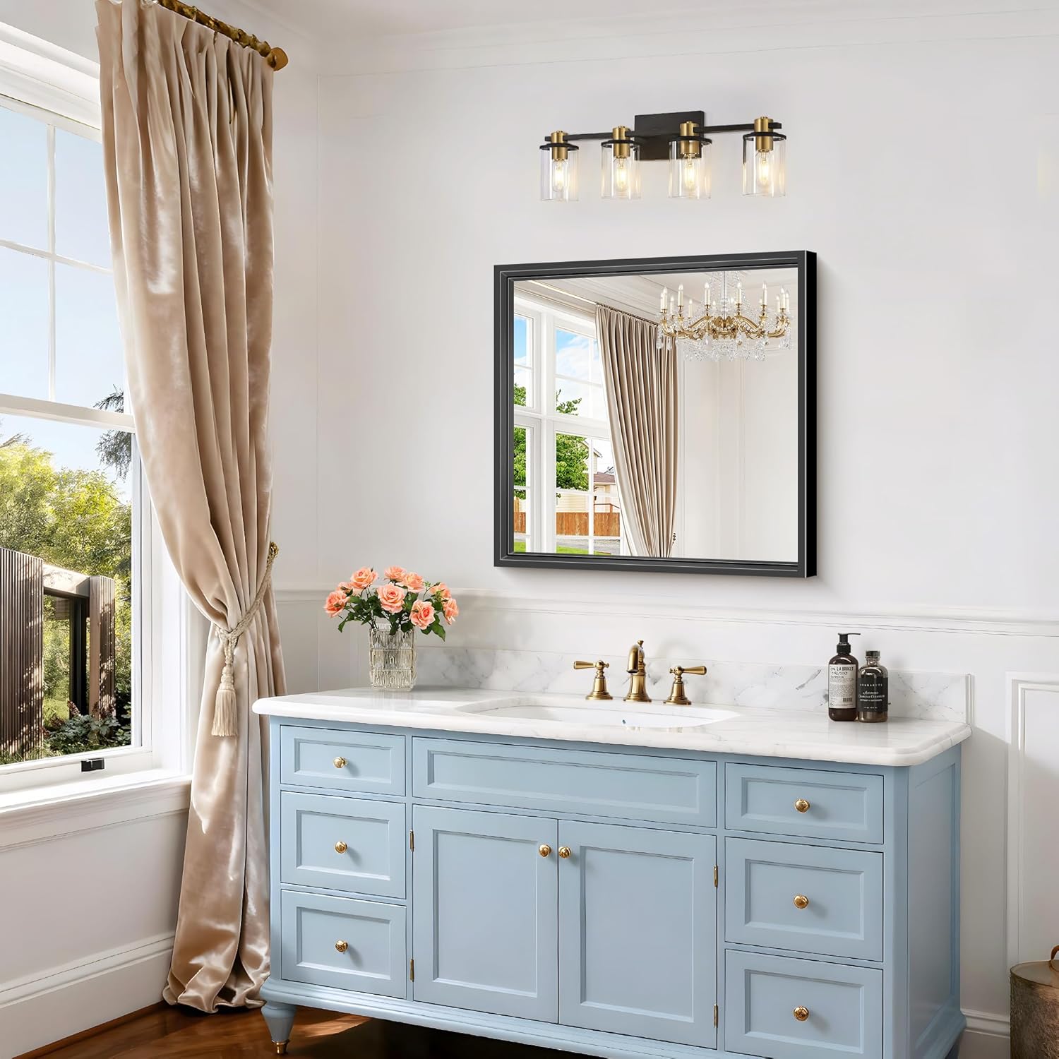 24x24 Square Black Mirror, Bathroom Mirrors for Over Sink 0.6" Thickened Deep Frame, Brushed Black Rectangle Mirrors for Wall, Shatterproof Tempered Glass, Antirust, Horizontally or Vertically