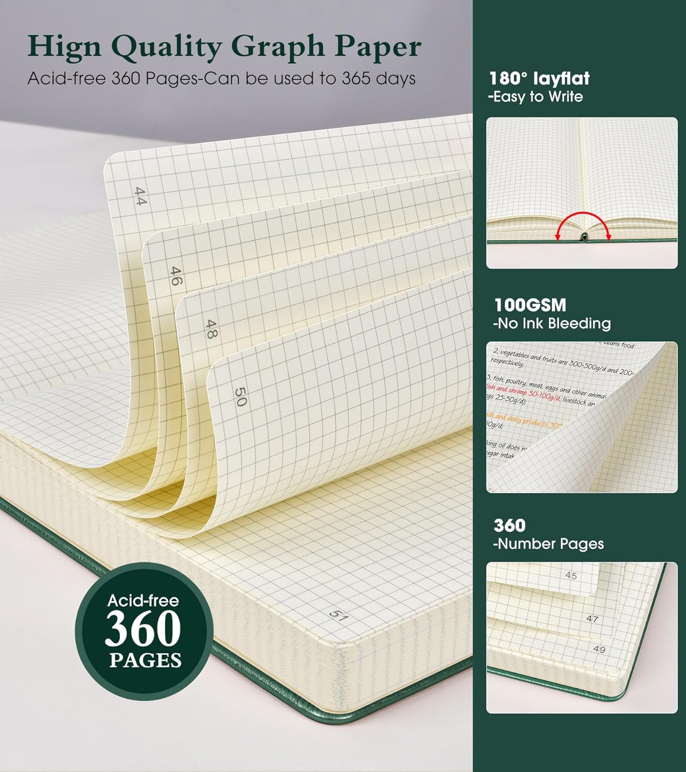 Ansopu Graph Paper Notebook Journal, 360 Numbered Pages Grid Notebooks 8.5 x 11, Thick 100gsm Paper Graphing Notebook Journals for Women Men, A4 Large Hardcover Graph Leather Notebook Green