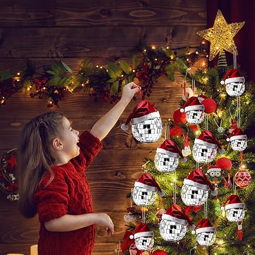Miniatura 4 de Ferraycle 24 bolas de discoteca plateadas de Navidad con sombrero de Papá Noel, esferas de espejo reflectantes de diferentes tamaños, decoraciones