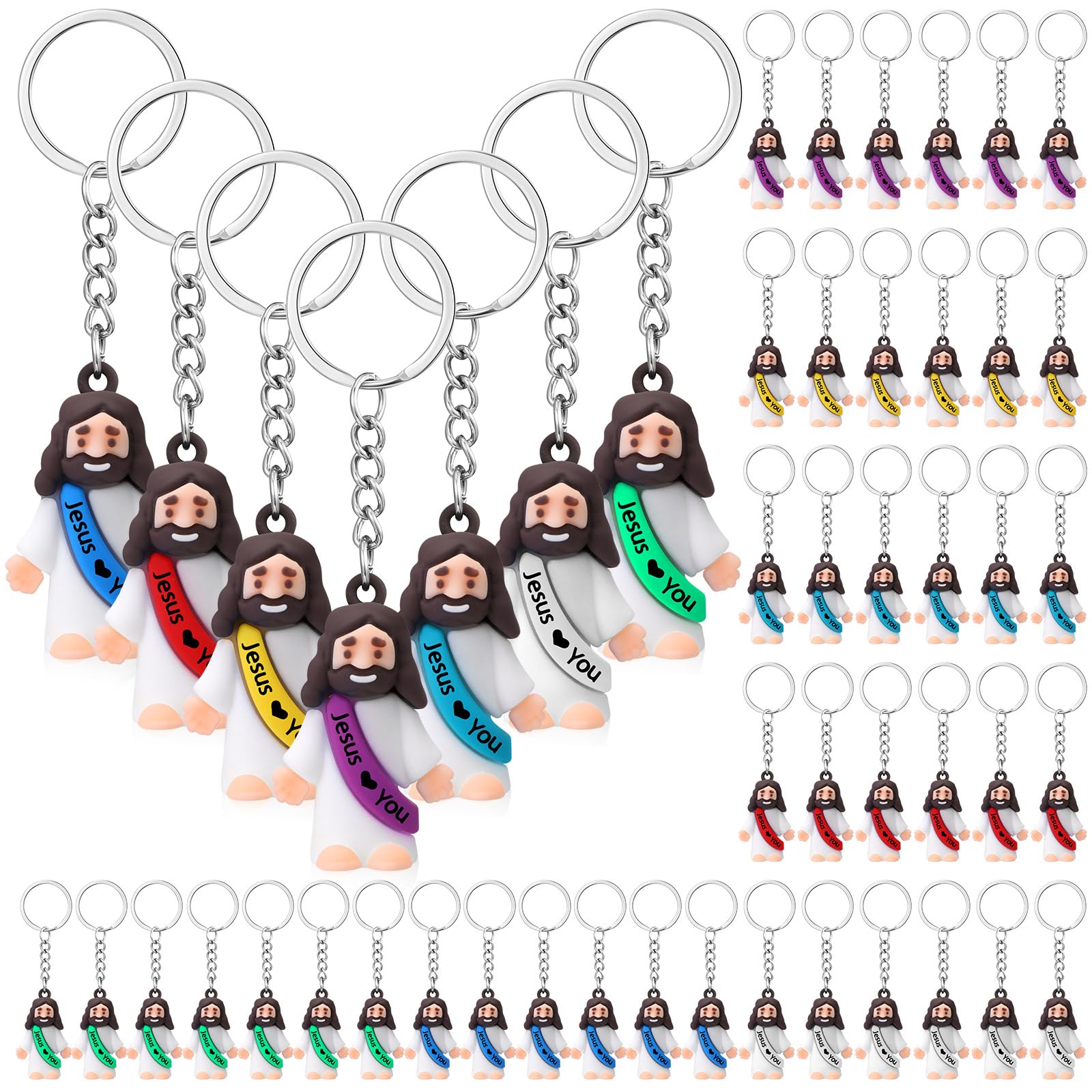 Sumind 48 Pcs Jesus Toys Figurine Christian Keychain Jesus Doll Religious Keychain Bulk Classic Christian Rings for Christ(Multicolor,White Jesus Loves You)