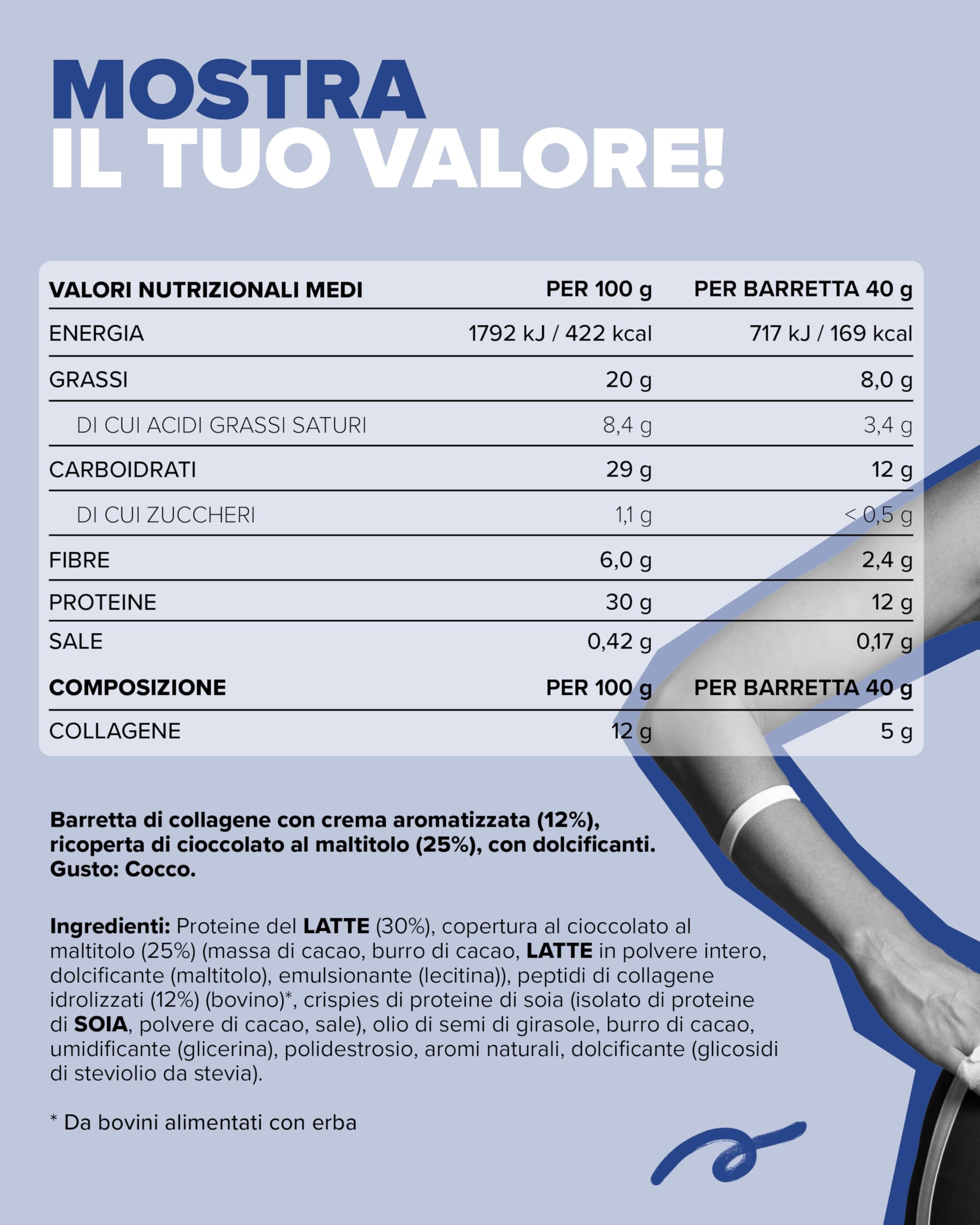IronMaxx Collagen Protein Bar - Barretta 40g Cocco 12 pz. - Barretta proteica a basso contenuto di zucchero con collagene tipo 1, 2 e 3, 5g per barretta, da manzo alimentato ad erba.