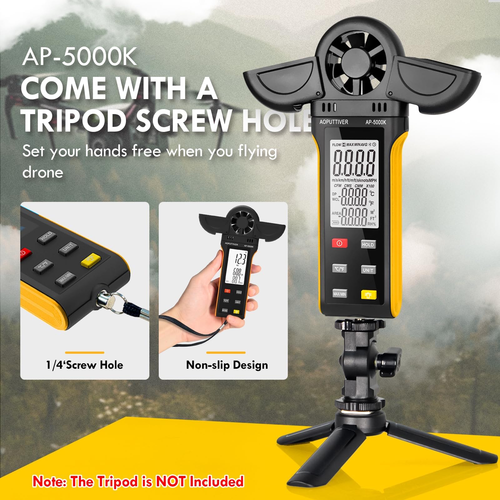 AP-5000K Anemómetro portátil con detector giratorio de 270° y doble tapa de ala, anemómetro retroiluminado, temperatura max/min/AVG