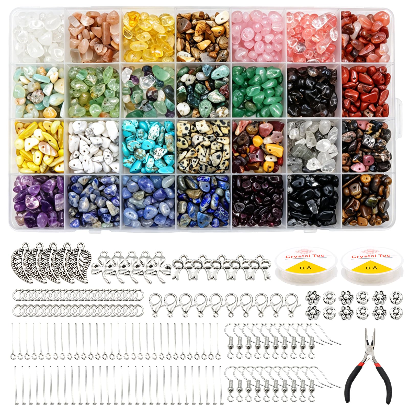 KASURE 28-Compartment Natural Crystal Chip Beads Kit - 1680pcs DIY Jewelry Making Supplies with Tools & Findings,5-8mm Crystal Beads for Bracelet Necklace Earring DIY Craft