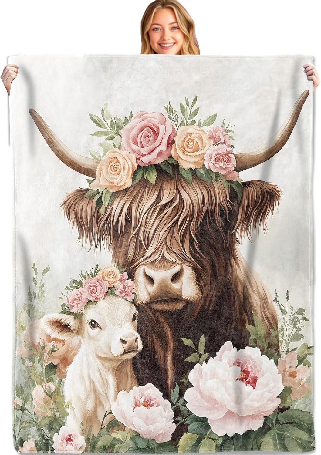 Highland Cow and Calf Throw Blanket,50x60in,Soft,Lightweight Flannel,Cute Cows Flower Peony Blankets - Gifts for Kids Girls,for Couch Office Travel,Farmhouse Home Living Room Rustic Decor