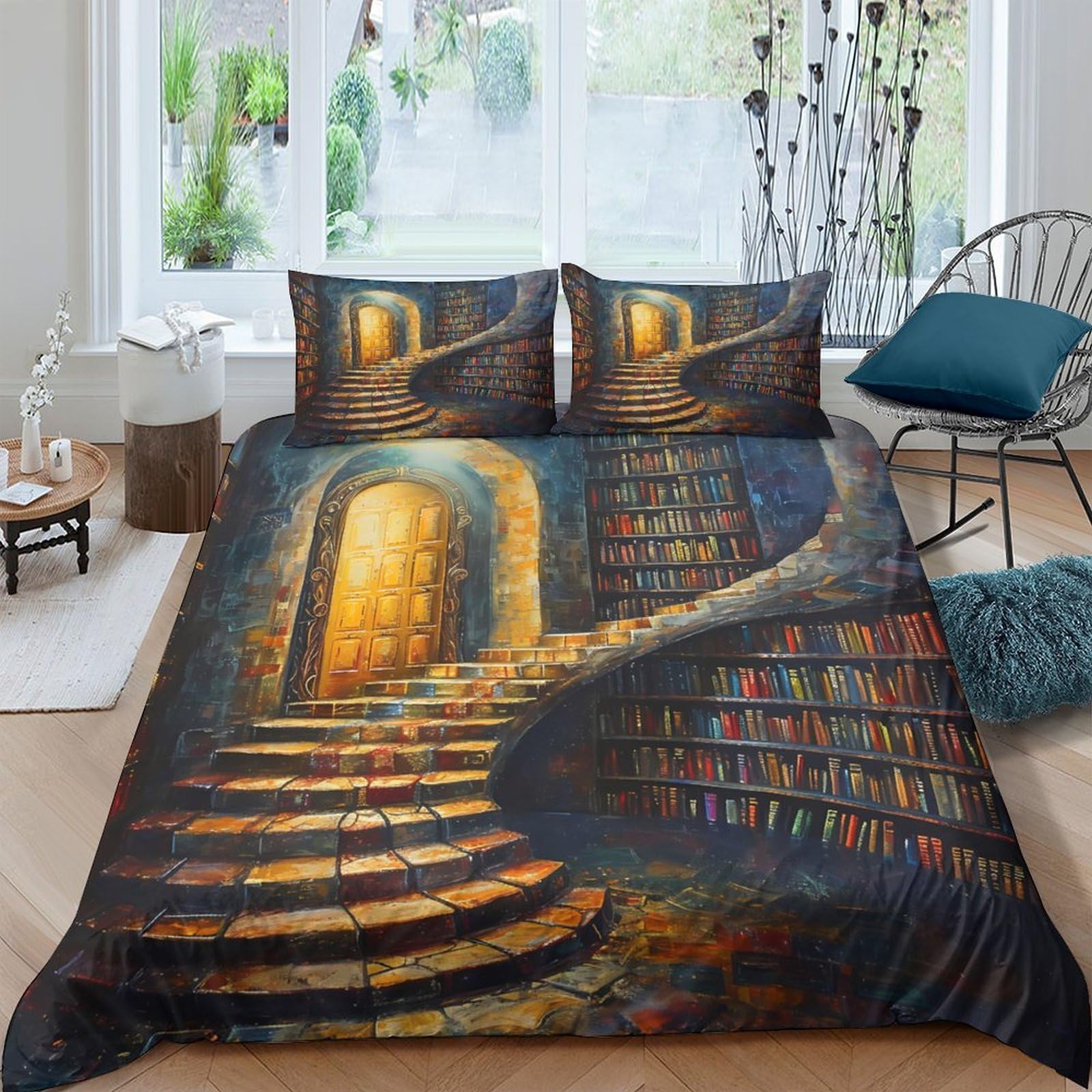Ctjqhvkz Style-7 3D Printed Fantasy Library Fitted Sheet Microfiber Soft Art Staircase Bed Cover For Bedroom Guest Room Decor Single（135X200cm）