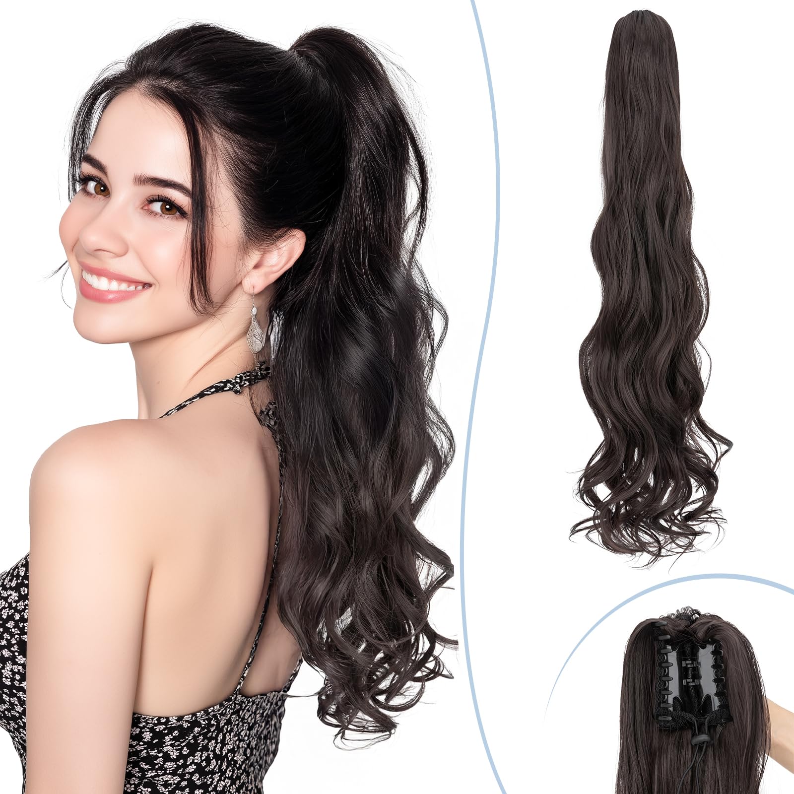 SEGO 24"/60cm Curly Claw On Ponytail Extension Wavy Clip In Pony tail Synthetic Hairpiece for Women Natural Black