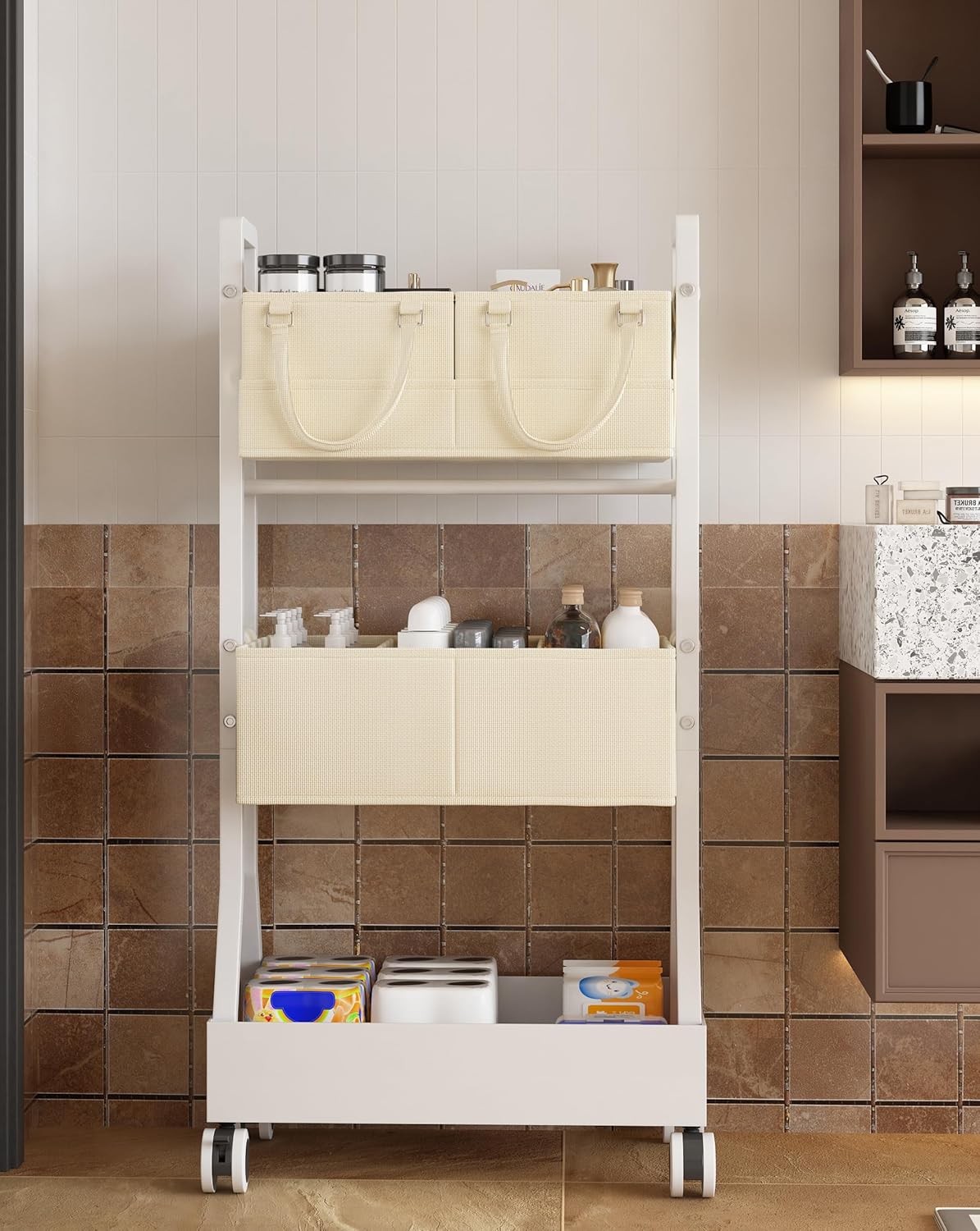 2In1 Baby Diaper Caddy Organizer Cart- Rolling Diaper Cart with Detachable Dividers-Baby Essentials Nursery Storage, for Crib, Bedroom,Kitchen, Bathroom(Off White)