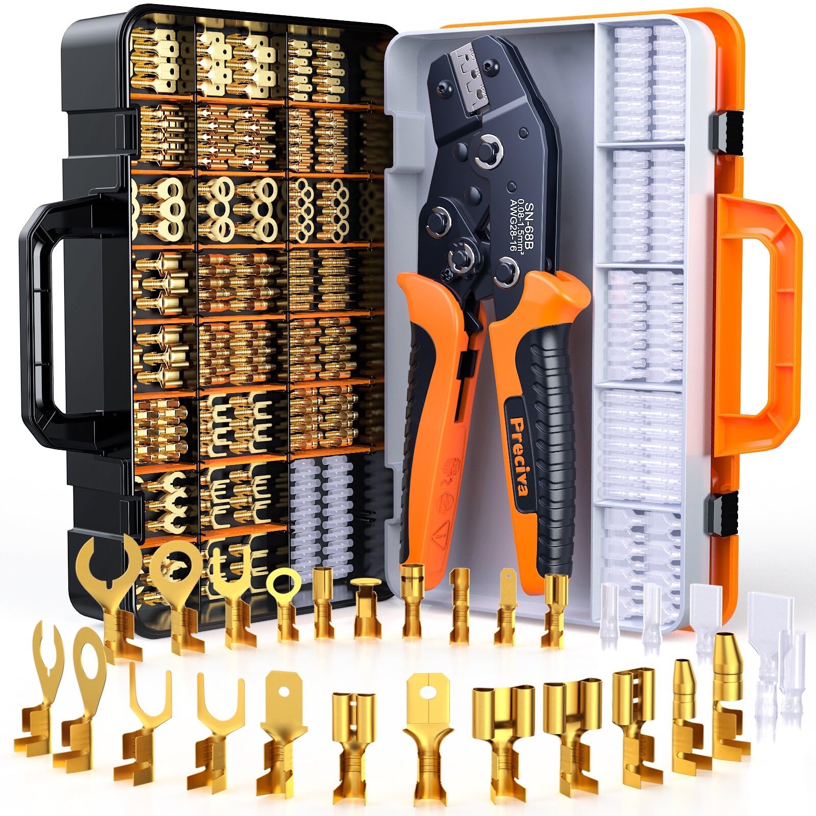 Preciva Kit di crimpatura per connettori a vanga, 28 tipi di kit di connettori per cavi AWG 22-13 con 420 connettori a forcella femmina maschio da 2,8-6,3 mm e 270 manicotti isolanti