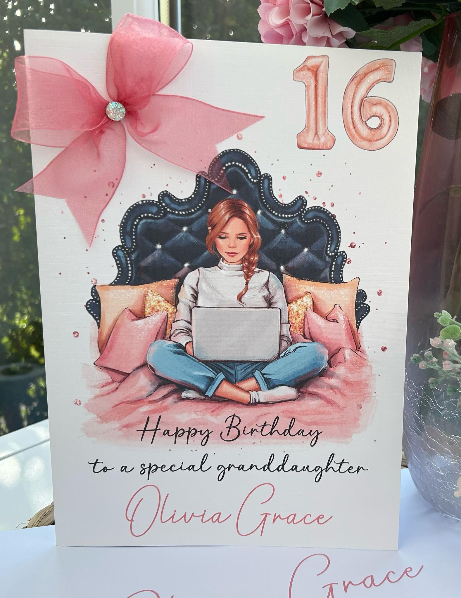 Personalised Luxury A4 Birthday Card for Her – Teenager Design with Organza Bow, 16th, 18th, 21st, 30th, 40th