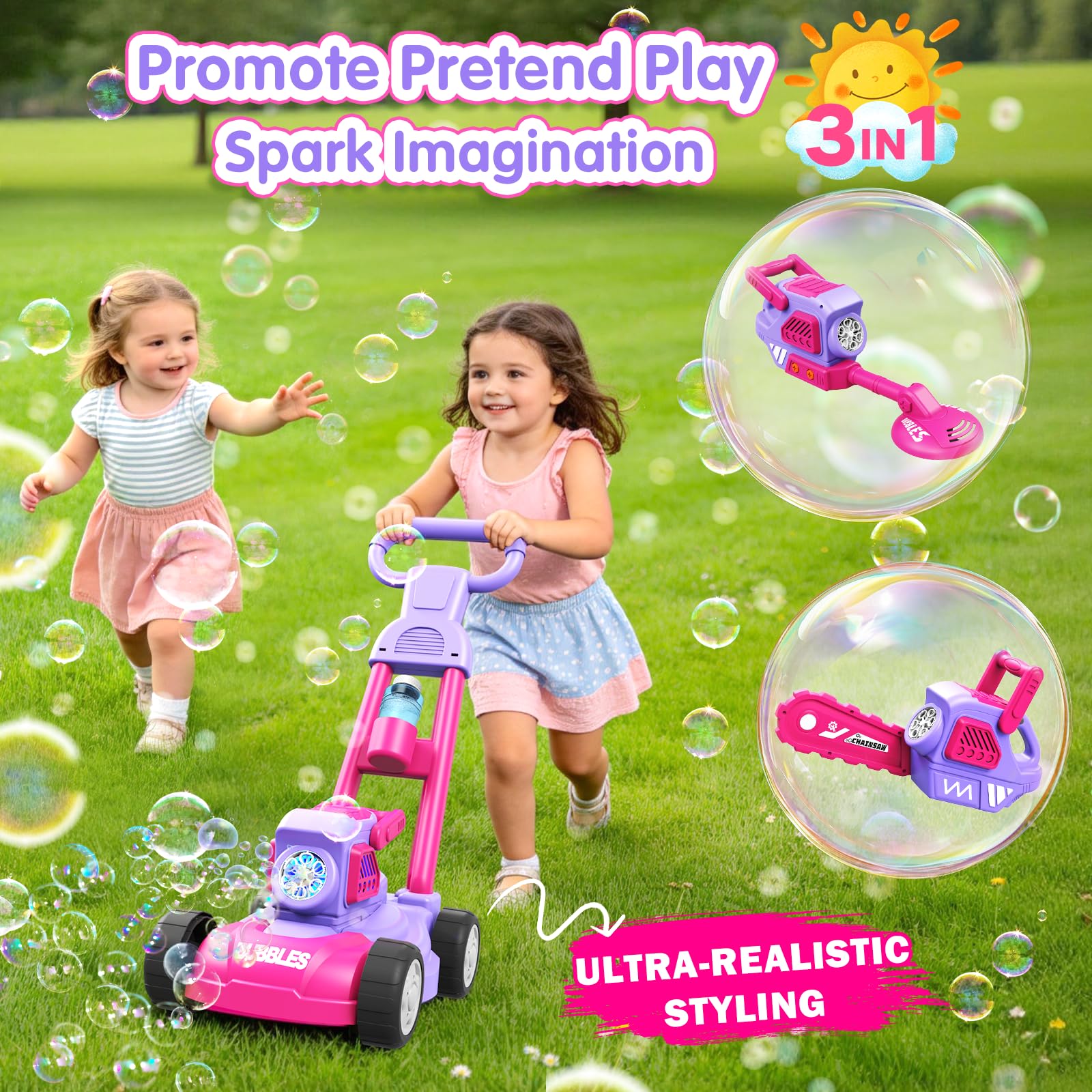 Tosaerba Spara Bolle per Bambini, Macchina per Bolle 3-in-1 con 10 Soluzioni, Giochi all'Aperto per Bambini 3-8 Anni, Regalo di Compleanno Pasqua Estate per Ragazzi e Ragazze 3 4 5 6 7 8 Anni