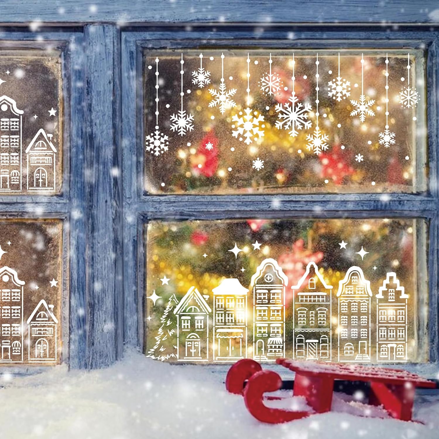 Yhliua Christmas Stencils for Painting on Wood Window, Snowflake Merry Christmas Stencils for Crafts Reusable Holiday Stencils for Ornament Card Door Hanger Wall (8 house 11.8 in), large, white