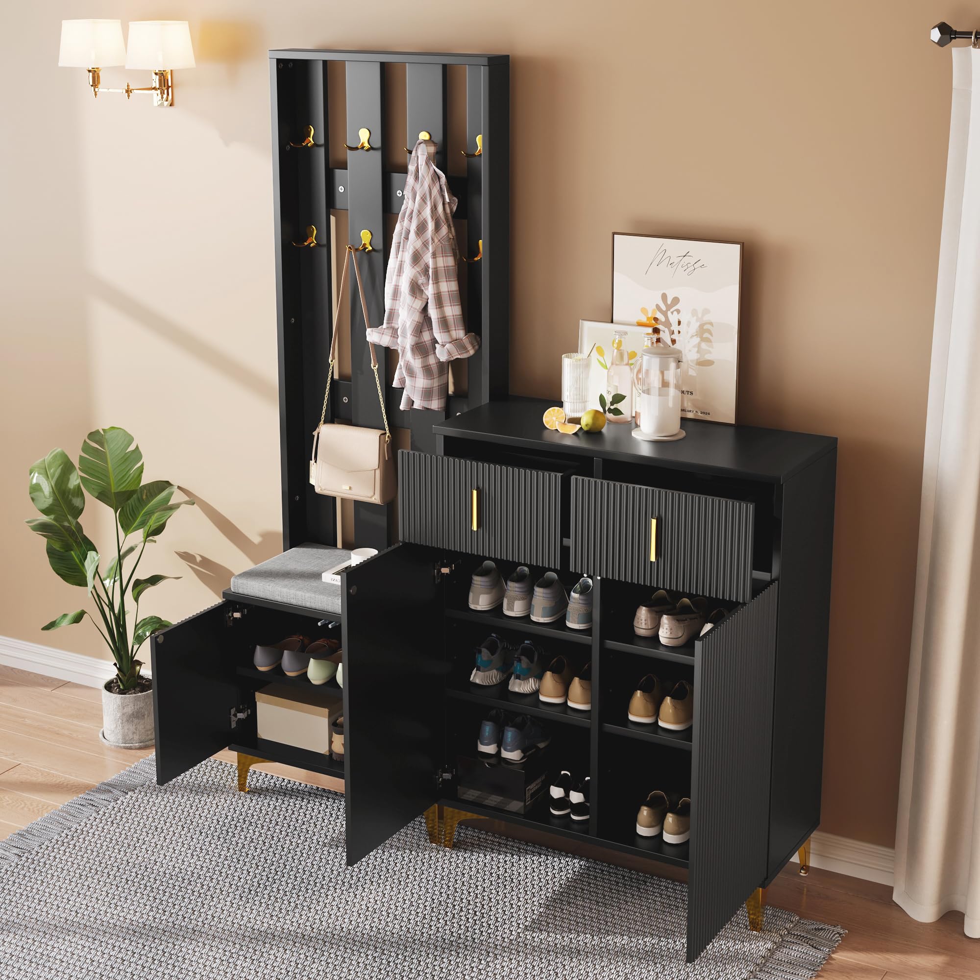sogesfurniture Set di Guardaroba, Guardaroba per Corridoio con 8 Ganci per Abiti, Scarpiera con Cuscino, Grande Armadio con 2 Cassetti e Ante, per Corridoio e Ingresso (Nero)