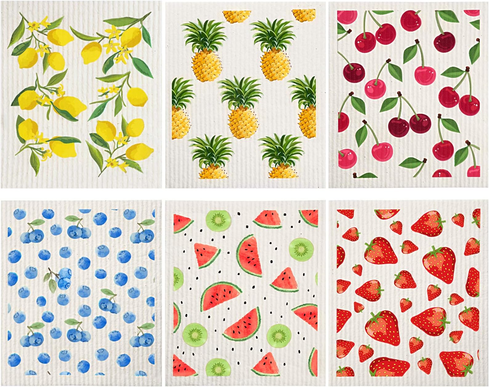 Patelai Mixed Fruit Swedish Kitchen Dishcloths Reusable Dish Towels Absorbent and Fast Dry Cleaning Cloths for Kitchen Blueberry Cherry Strawberry Lemon Pineapple Watermelon Cleaning Wipes (6 Count)