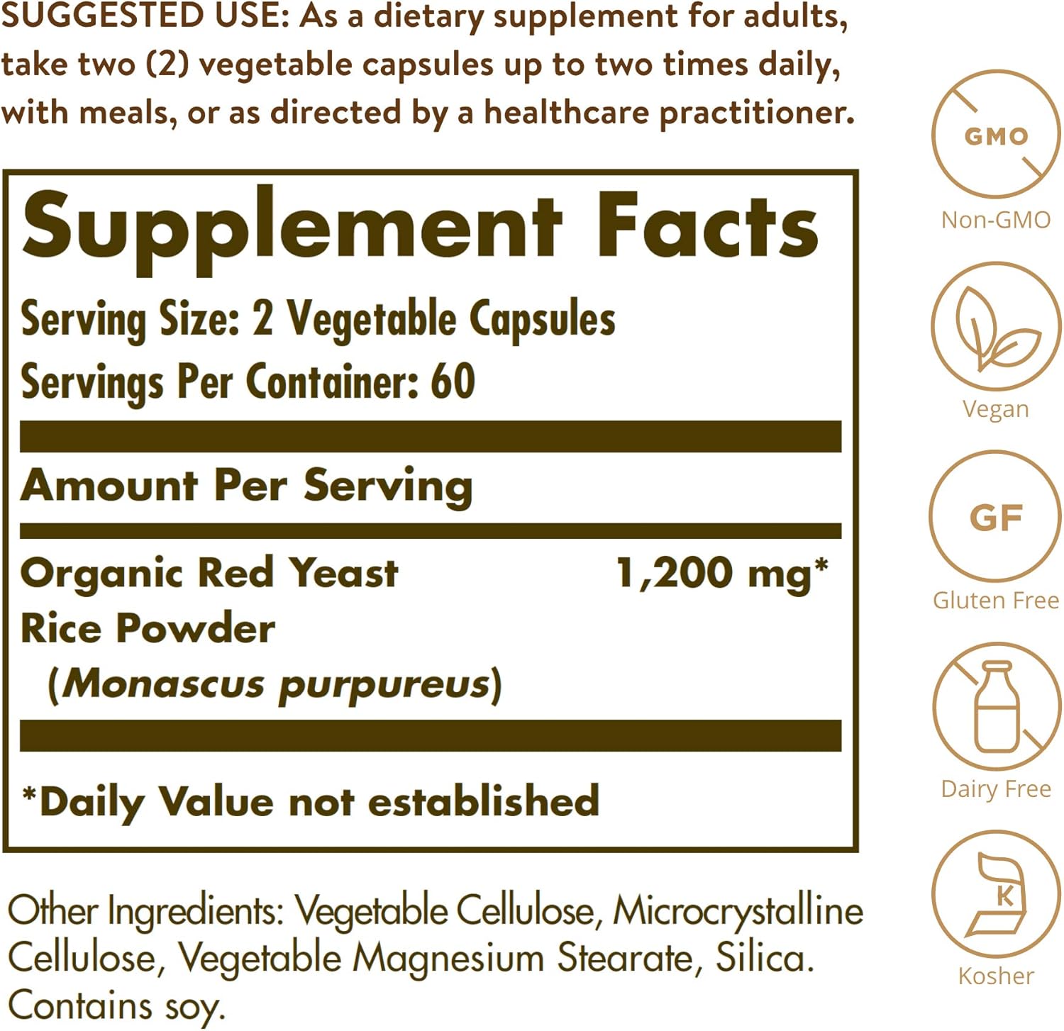 Solgar Red Yeast Rice 600 mg, 120 Vegetable Capsules - Supports Heart Health - Fermented to Increase Bioavailability - Non-GMO, Vegan, Gluten Free, Dairy Free, Kosher - 60 Servings : Health & Household
