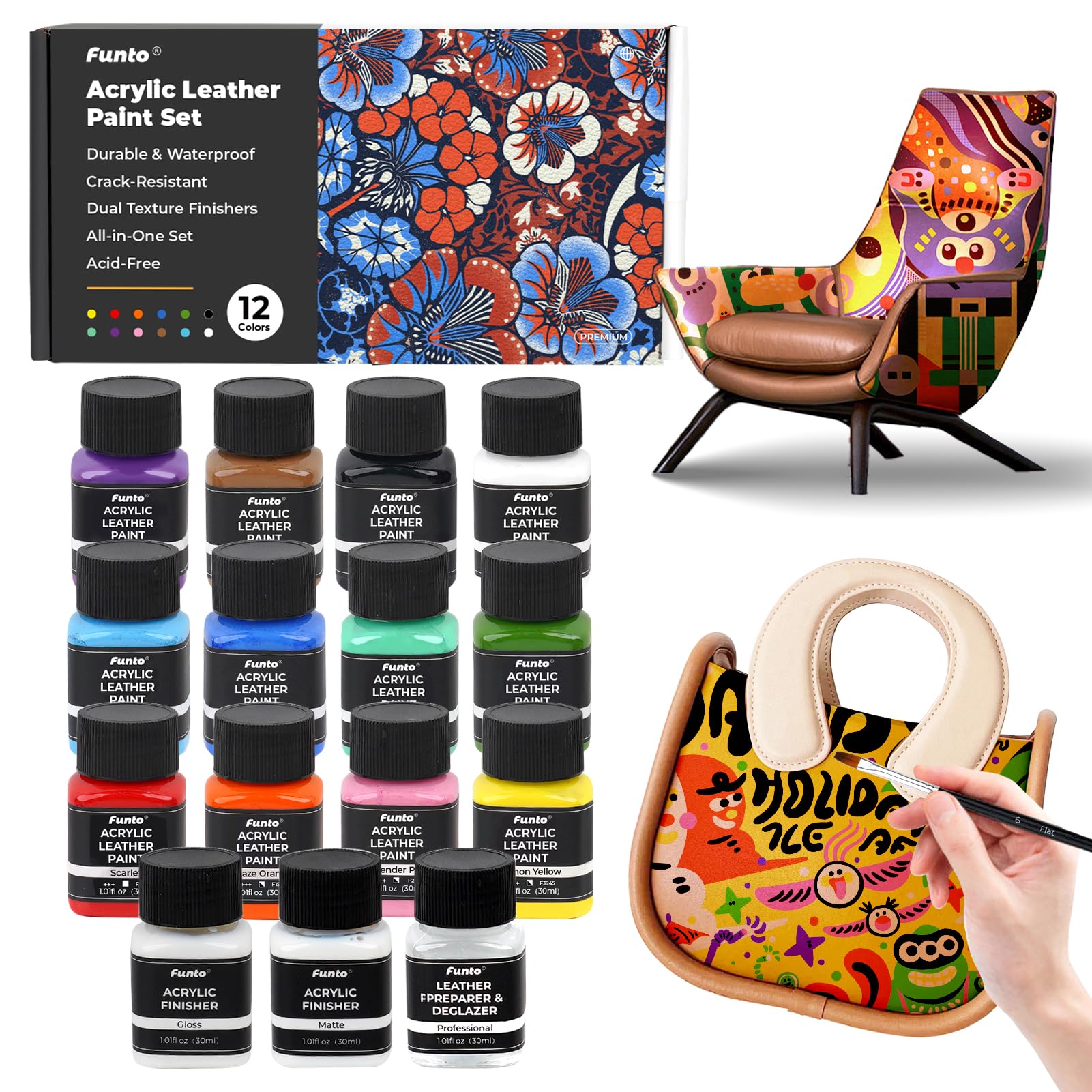 Funto Acrylic Leather Paint Set 12 Colores - Con Preparador de Piel, 2 Acabados Acrílicos, 5 Pinceles de Nylon, Esponja Redonda, 36 Pegatinas Alfanuméricas - Kit de Bricolaje Perfecto para Zapatos