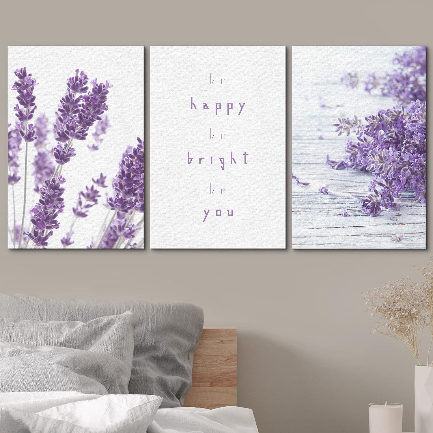 3 Panel Purple Lavender Flowers with Be Happy Be Bright Be You Quotes Gallery 16 x24 x 3 Panels