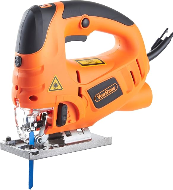 VonHaus Jigsaw Tool 800W with Laser Guide and Pendulum Action No Load Speed, 800-3000RPM Includes 3x Blades, Pair of Carbon Brushes, Wrench 2m Cable Electric Saw for Wood, Steel, Plastic