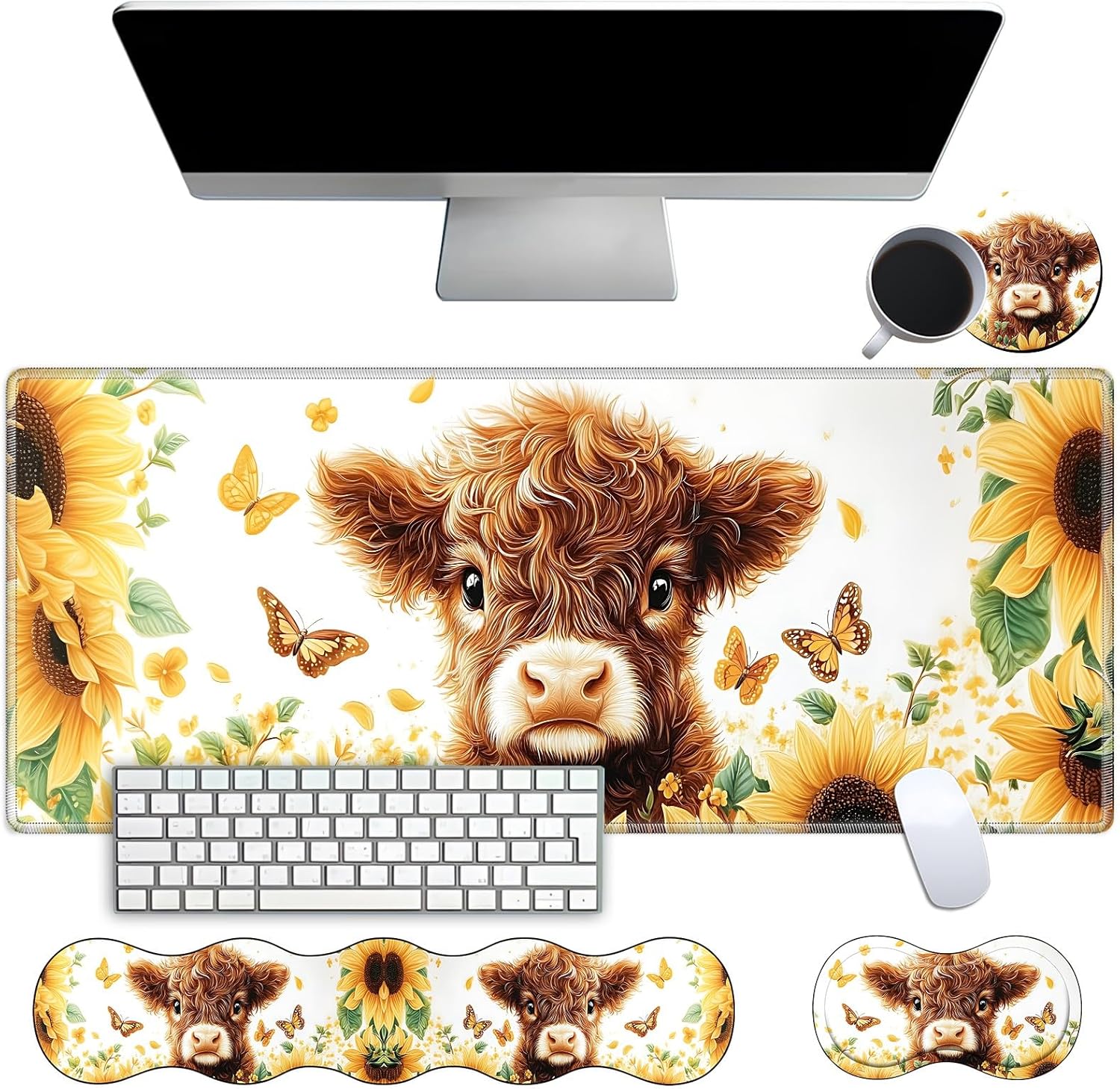 Desk Mat Large Gaming Mouse pad Set 31.5x11.8 inch [4in1Mousepad + Keyboard Wrist Rest+Mouse Wrist Rest+Coaster ] with Ergonomic Desk Pad for Home Office Table Computer - Sunflower Highland Cow