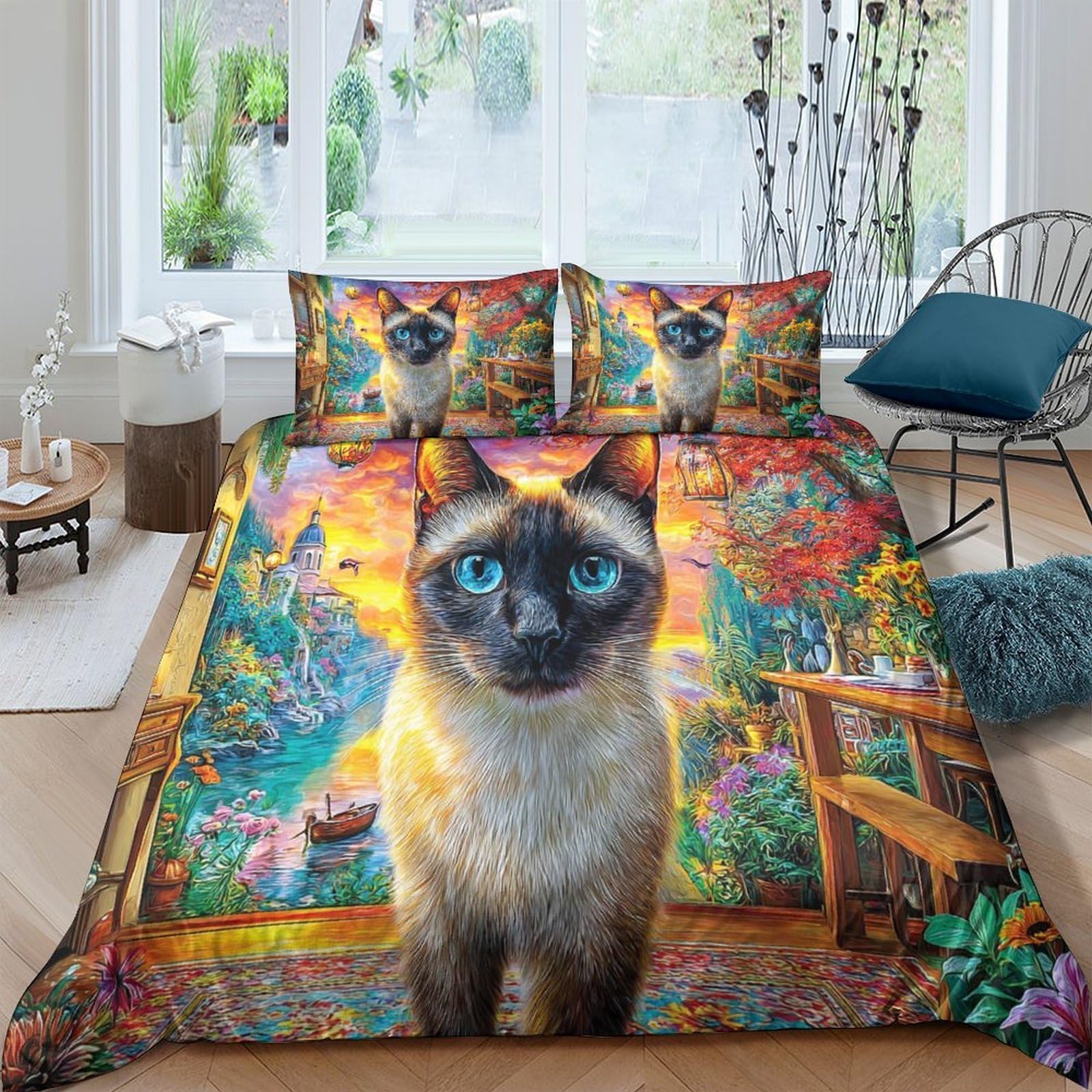 Parure de lit chat siamois avec housse de couette 260x220 fermeture éclair