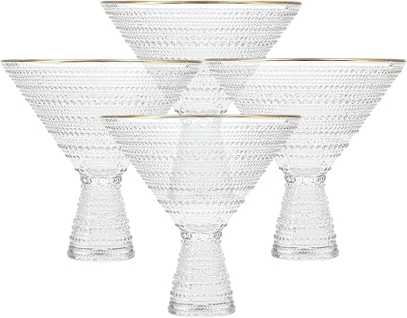 Fortessa Jupiter Beaded Hobnail Glass, 11.5 Ounce Martini Glass Set of 4, Gold Rim Clear