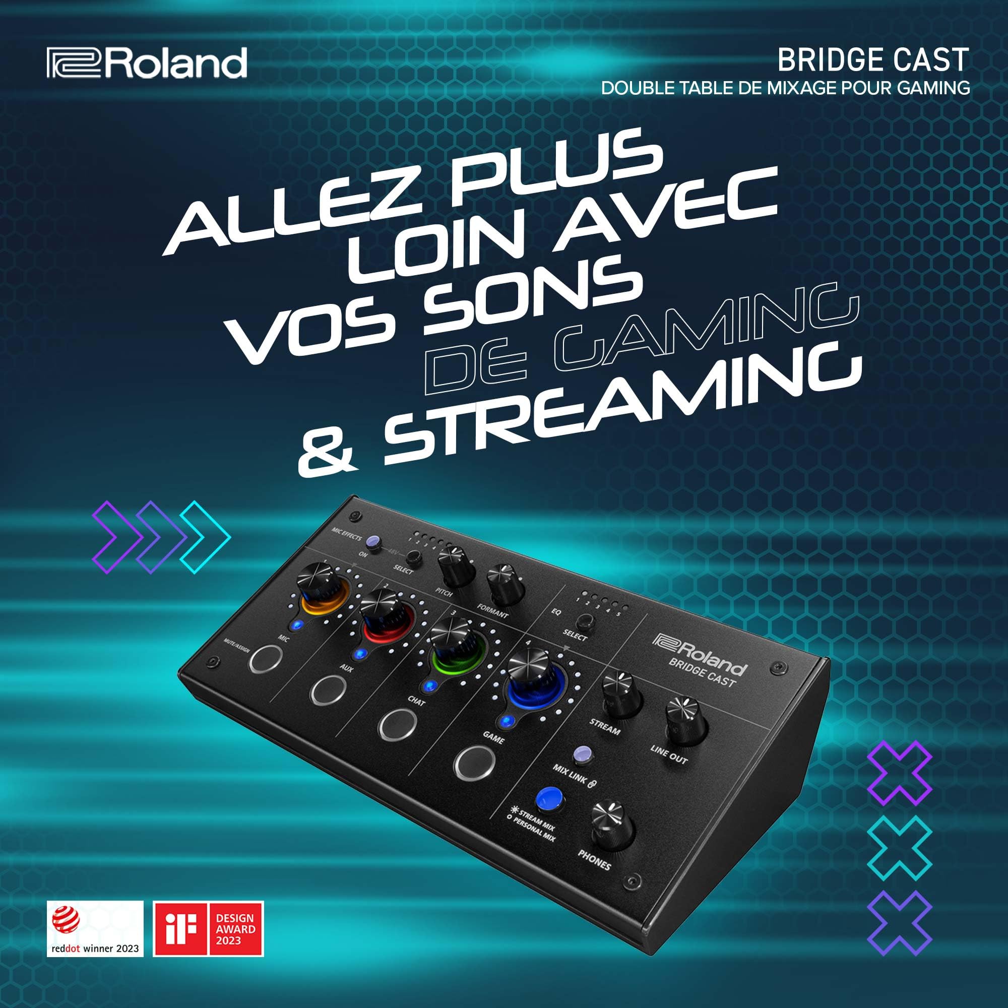 Roland Double table de mixage de gaming BRIDGE CAST | Interface de streaming audio professionnel et table de mixage pour joueurs en ligne | DSP matériel 32 bits | Noire