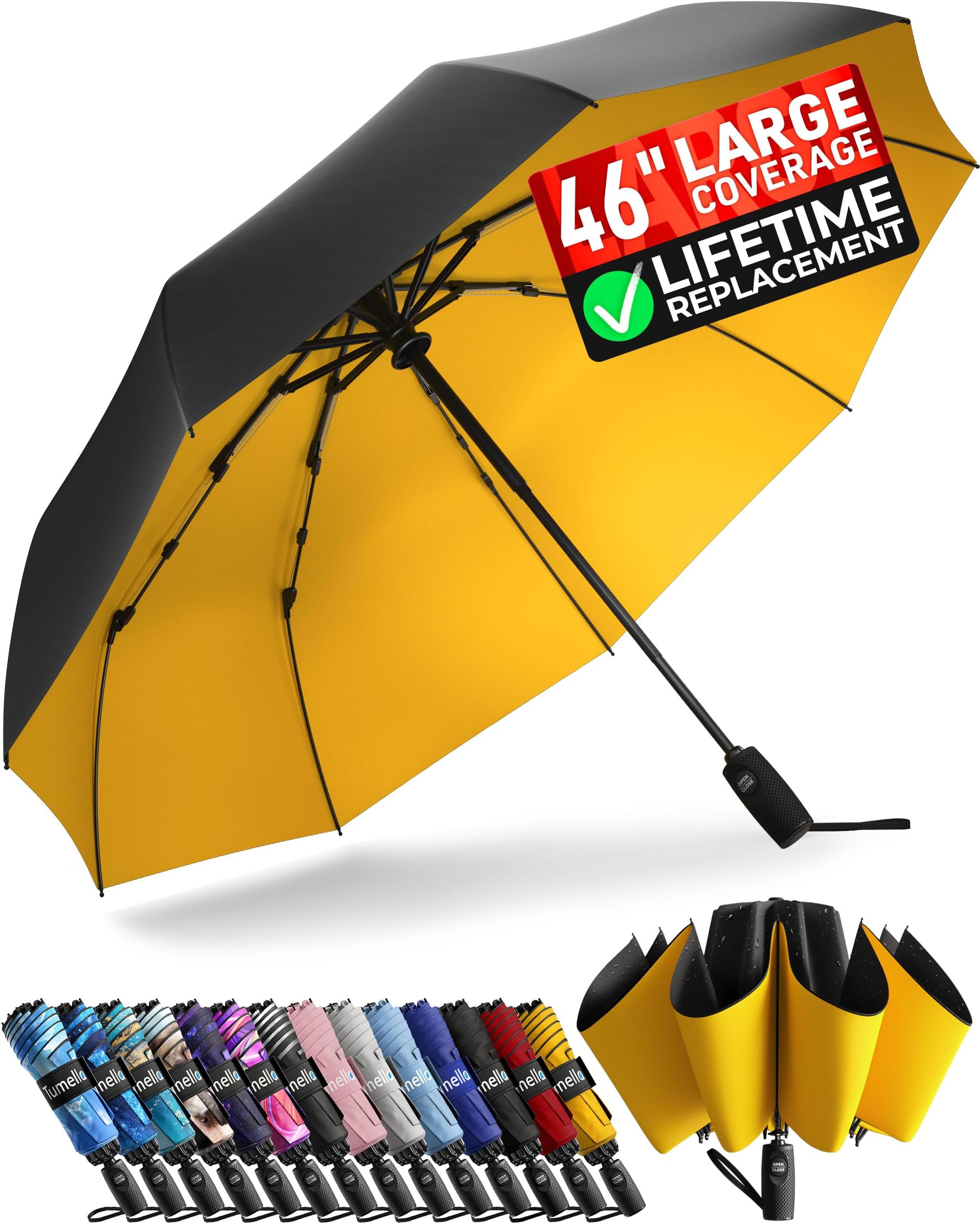 Flip-proof Inverted Travel Umbrella, Small Strong but Light Portable and Automatic Reverse Folding Rain Umbrella, Durable Premium Grip, Fits Car & Backpack