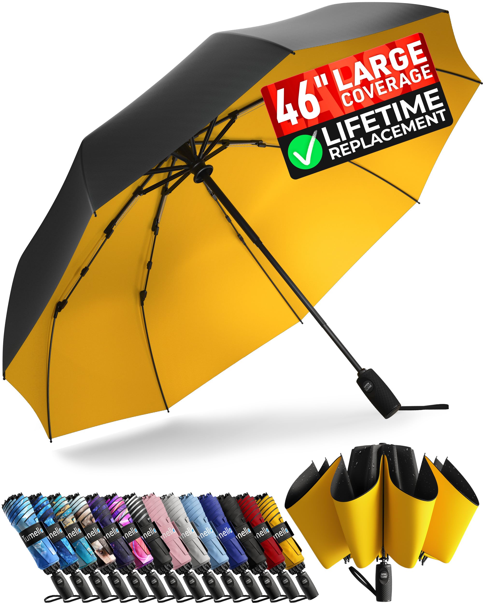 TUMELLA Flip-Proof Inverted Travel Umbrella, Small Strong But Light Portable and Automatic Reverse Folding Rain Umbrella, Durable Premium Grip, Fits Car & Backpack
