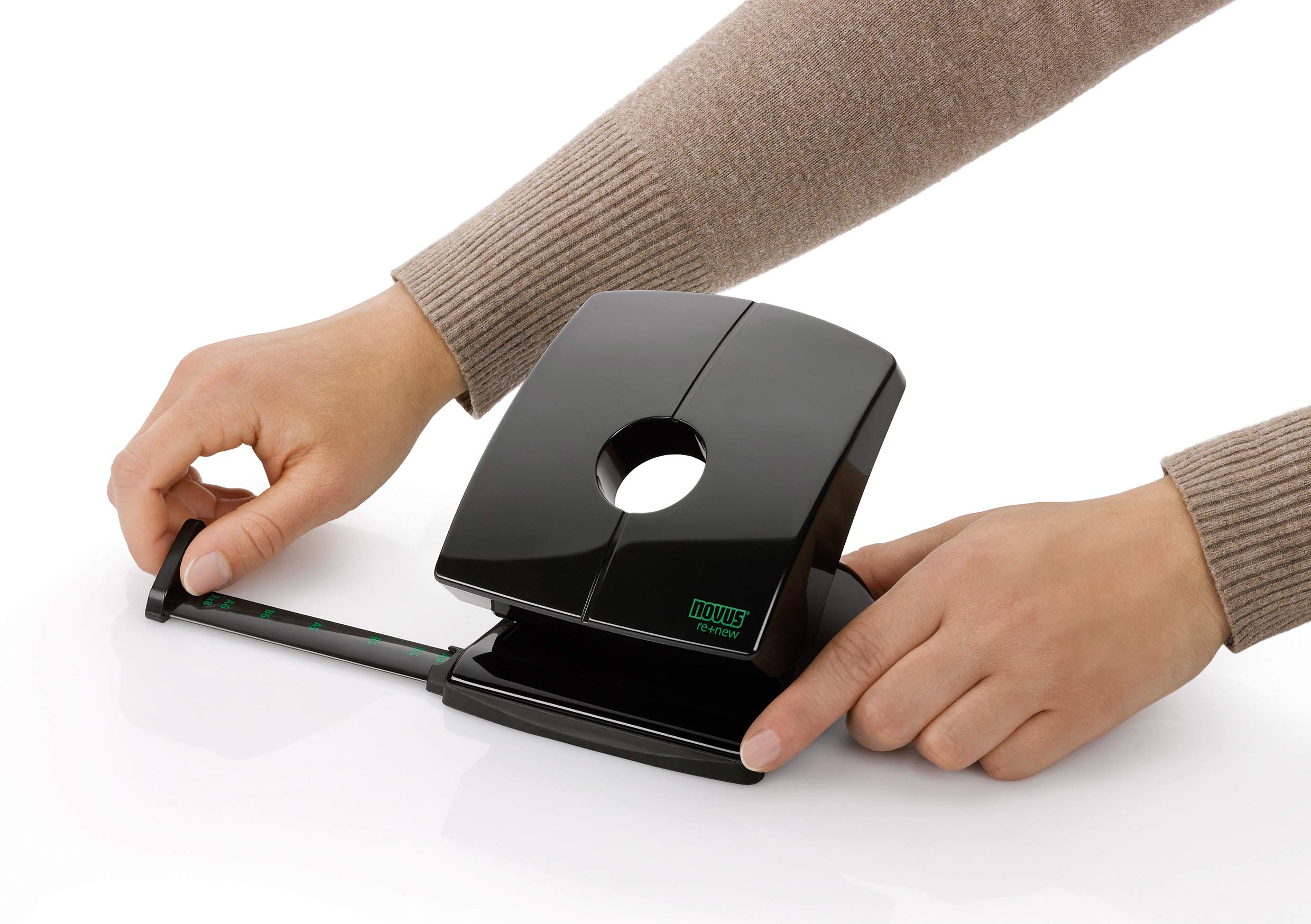 Novus B 230 re+New Hole Punch (Plastic Upper Part Made from Sustainable Recycle, 30 Sheets, with Stop Rail) Black