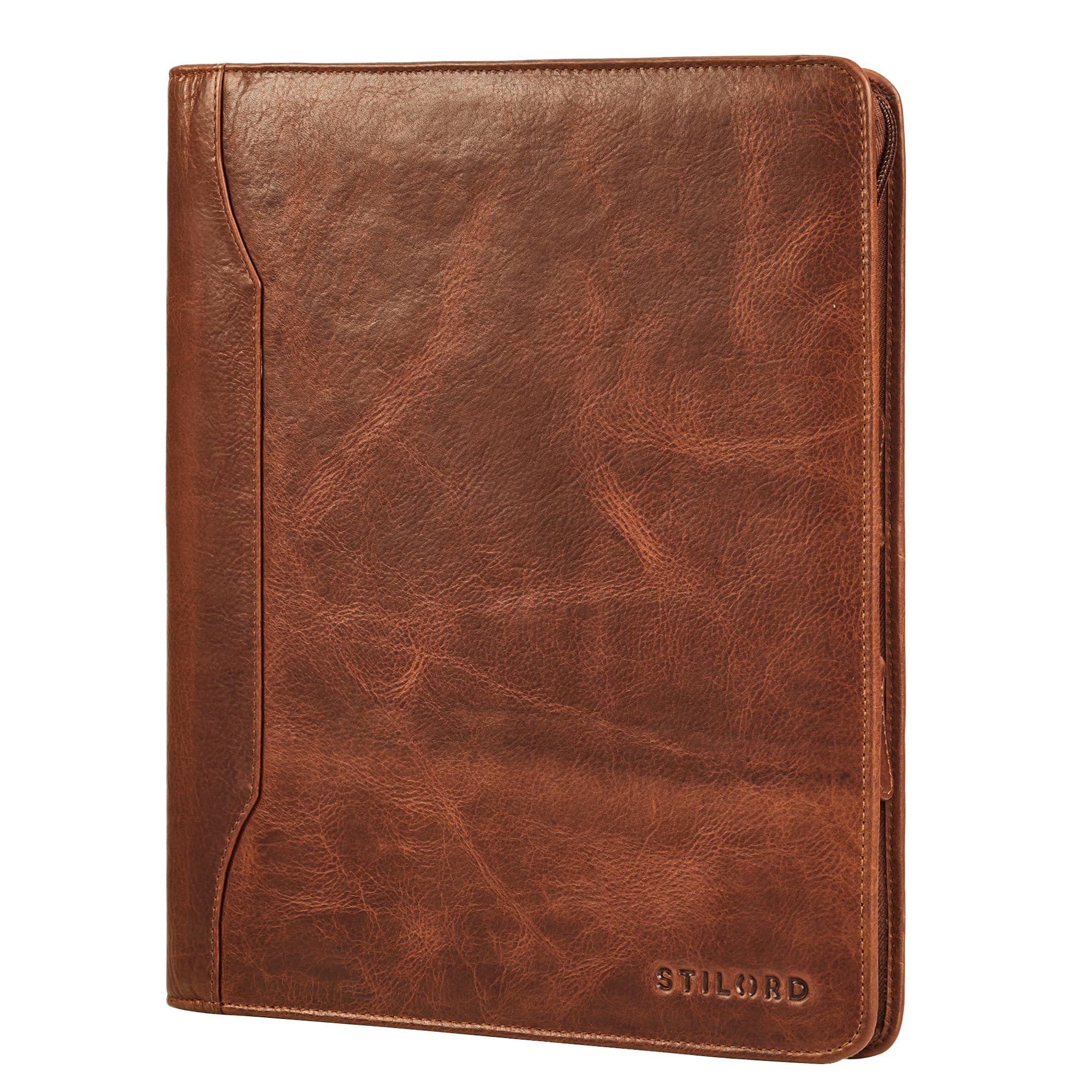 STILORD 'Wesley' Elegante Carpeta de Cuero A4 Portadocumentos Cognac con Cremallera - Gran Porta Documentos Piel Autentica Tablet de 13 Pulgadas para Oficina y Reuniones