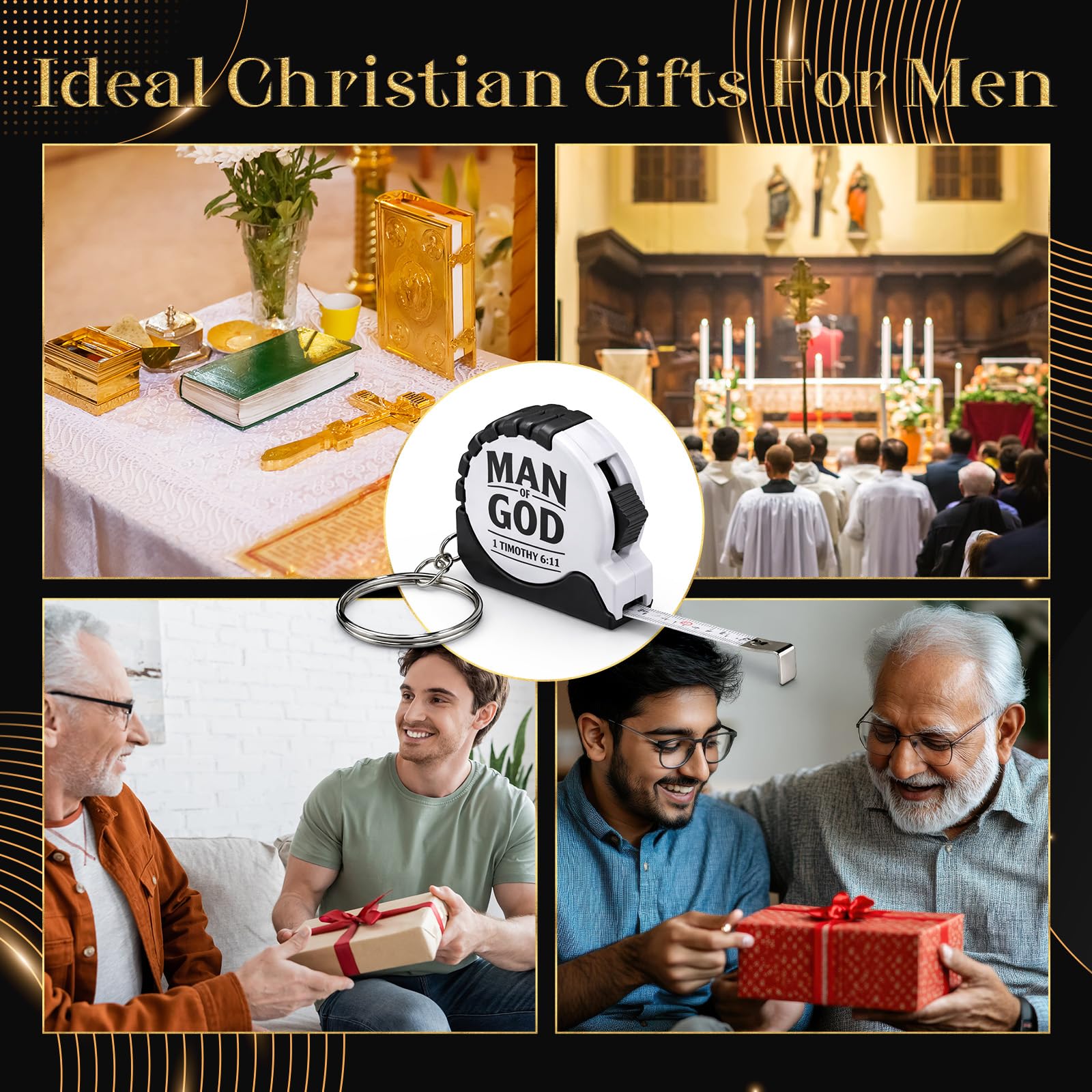 80 Sets Mann Gottes Geschenke Vatertag Mini Maßband Schlüsselanhänger Christian Einziehbares Maßband Taschengröße Messung mit religiösen Karten Taschen für Papa Kirche Pastor Pate