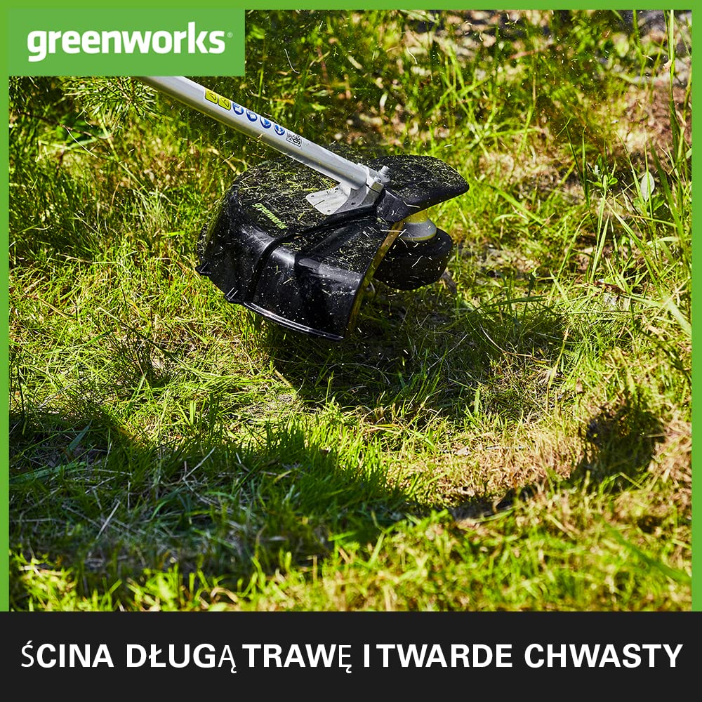 Greenworks GD40BCB Akumulatorowa Kosa z Silnikiem Bezszczotkowym, Szelki, Uchwyt Rowerowy, 40 cm Szerokość Cięcia, 2 mm Żyłka Nylonowa lub 25 cm Ostrze BEZ Baterii 40V i Ładowarki
