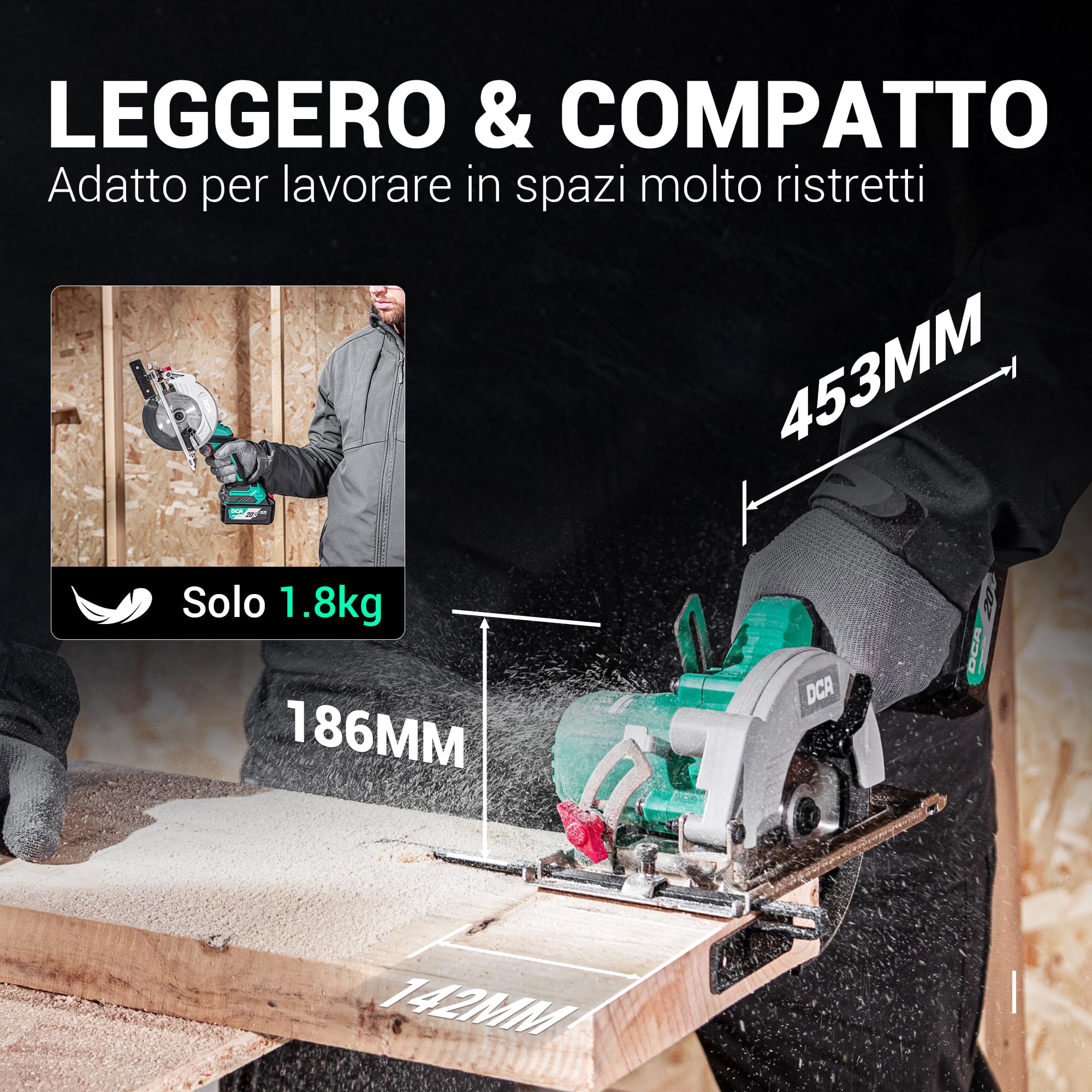 DCA Sega Circolare Mini Senza Spazzole, 2 Velocità 6700/4200 Rpm con 20V 4,0Ah Batteria, 3 Lame Ø125mm e Guida, Profondità Taglio 45mm(90°)/33mm(45°), Per Legno, Plastica, PVC