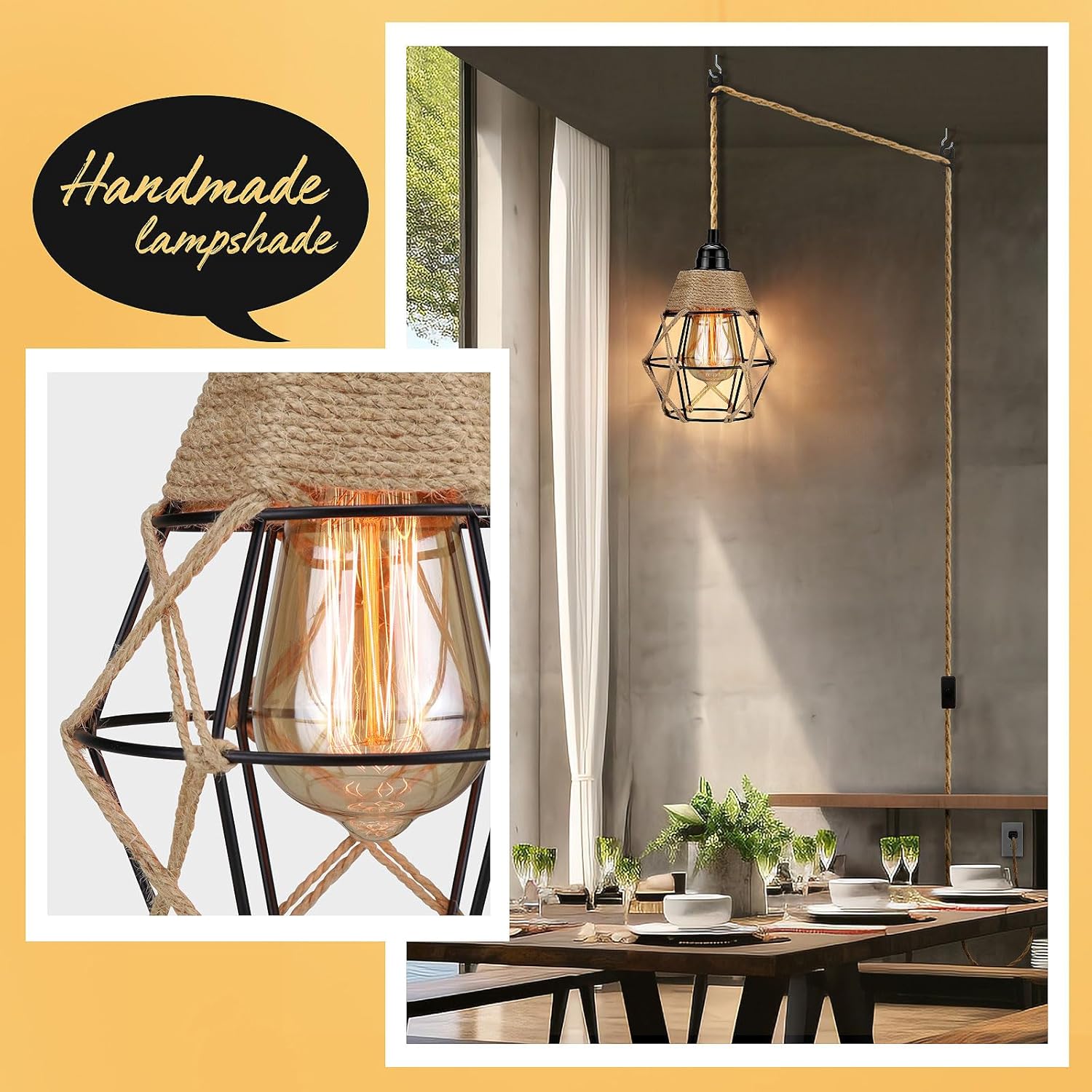 Plug in Pendant Light, Industrial Hanging Light with Plug in Cord, Hemp Rope On/Off Switch Farmhouse Pendant Light, Hanging Lamps for Dining Room
