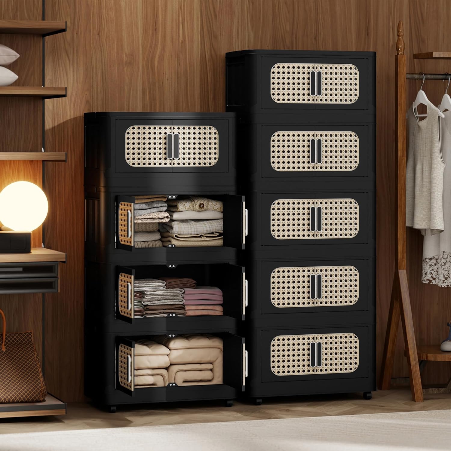 4 Tiers Folding Storage Cabinet,20" Side Wide Stackable Storage Bins with Doors and Wheels, Space Saving Plastic Cabinet for Living Room, Office, Dorm, Retro Black