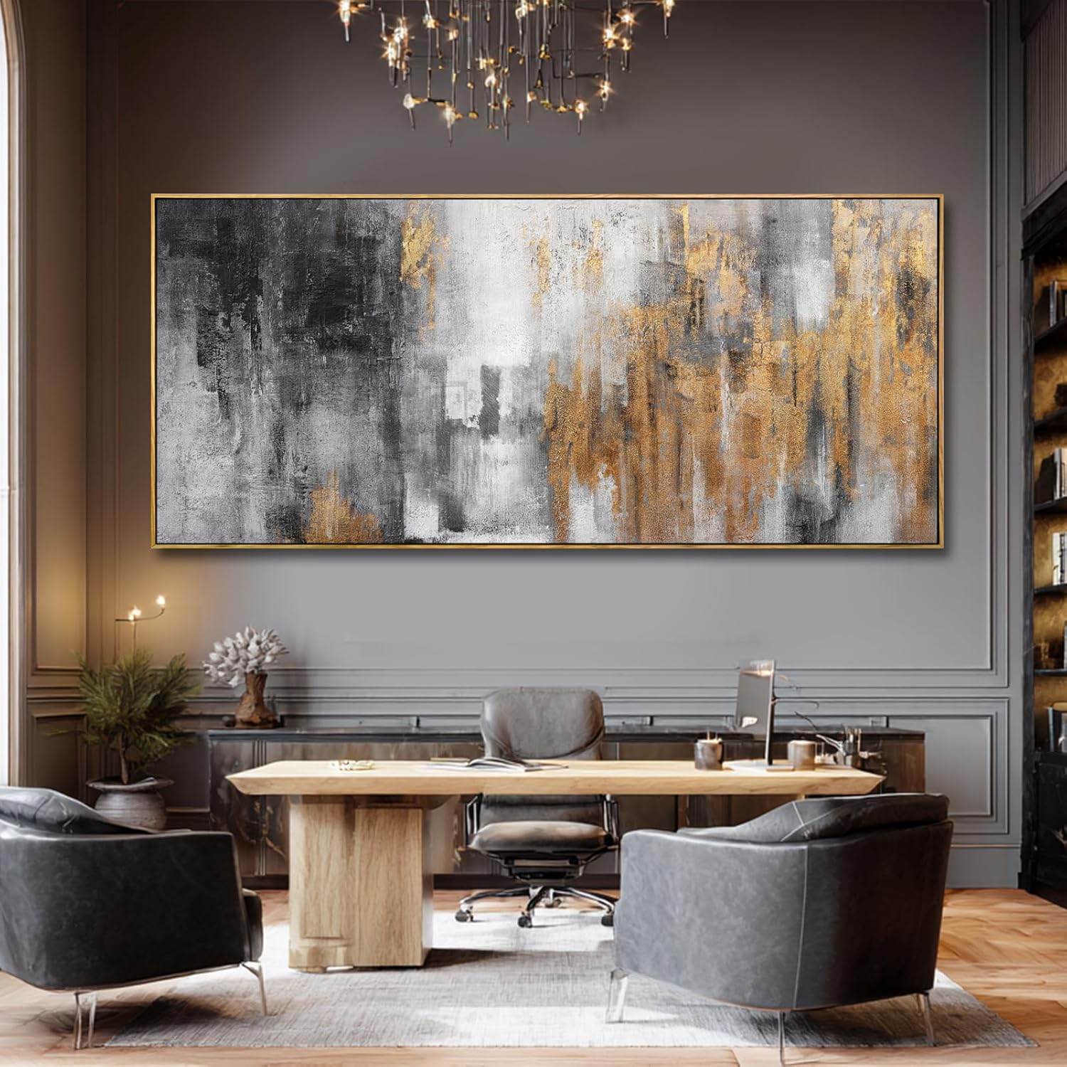 YJYart Grey and Gold Wall Decor Abstract Art Prints Textured Wall Art 32"x70" Posters for Office Kitchen Artwork Bedroom Pictures
