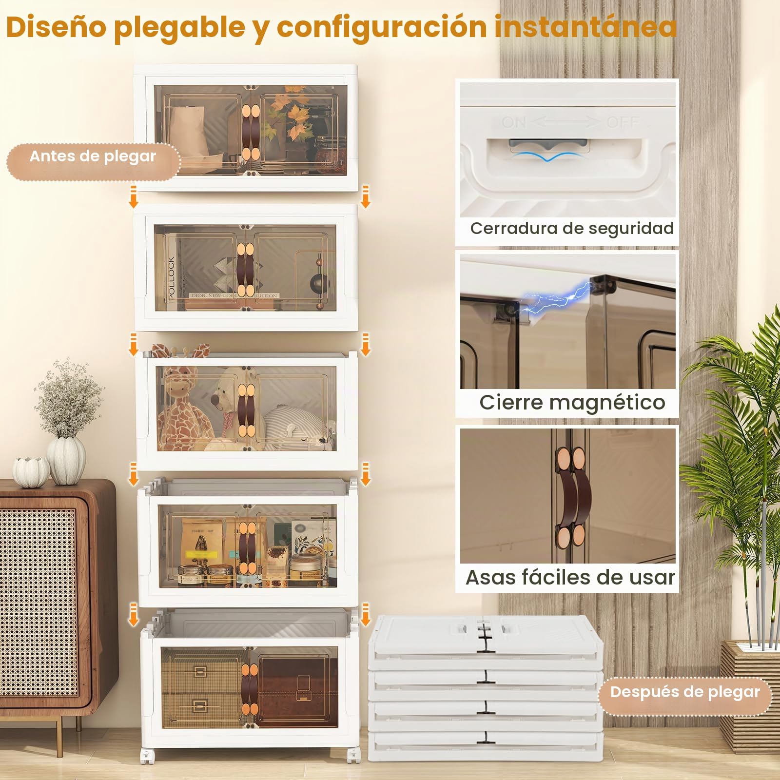 KOMFOTTEU Cajas de Almacenamiento Plegables, Contenedor de Plástico con Tapas y 4 Ruedas, Cajas Organizadores Apilables para Dormitorio, Sala de Estar, Soporte hasta 5 kg (XL, 5 Niveles)