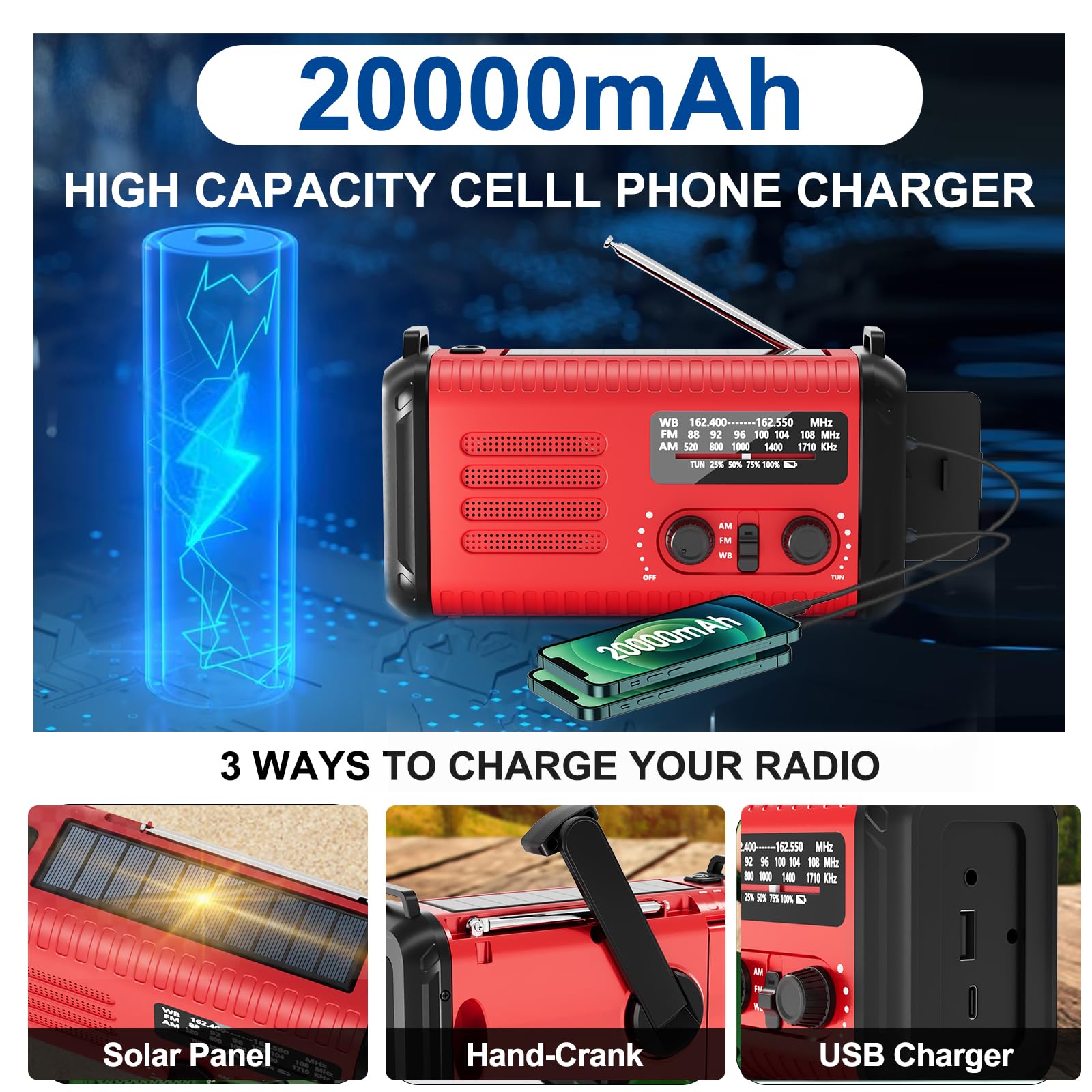 Radio météo d'urgence à manivelle, 20 000 mAh AM/FM/NOAA Radio solaire avec chargeur de téléphone, charge USB, lampe de lecture LED, prise casque, alarme SOS, boussole pour urgence (Scarlet)