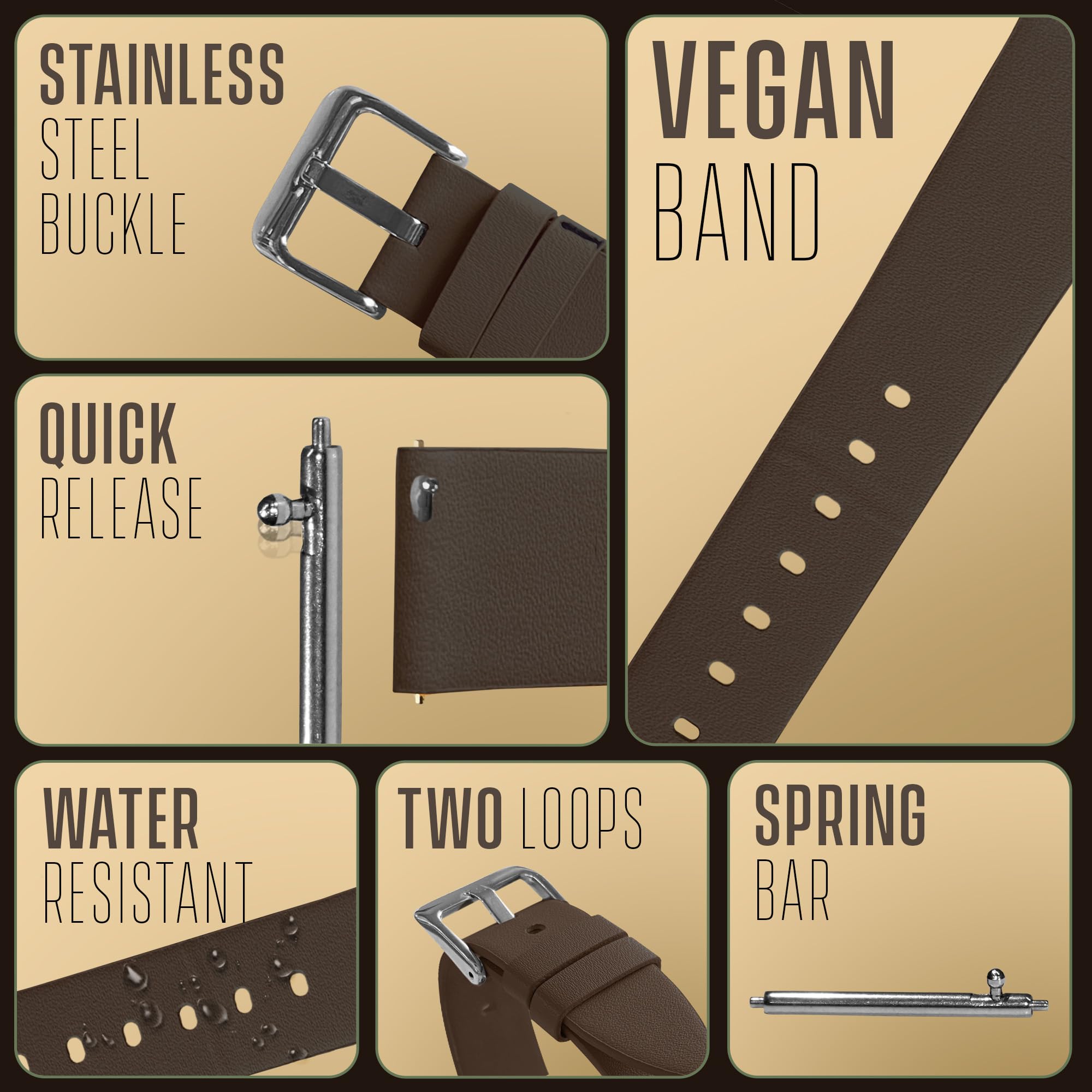 ALPINE Vegan Leatherette Watch Strap - Brown Leather Free Watch Band - Quick Release Replacement Watch Strap - Eco-Friendly Bands for Women & Men - Compatible with Regular & Smart watches - 18MM