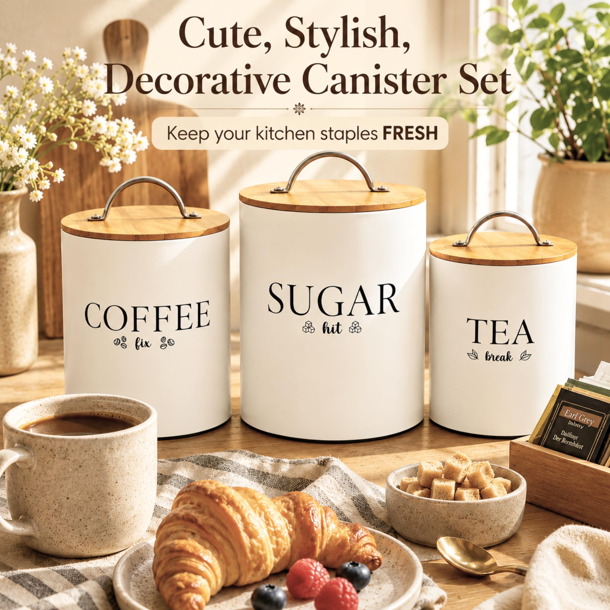 Set di 3 barattoli per tè, caffè e zucchero, per bancone della cucina, chiusura ermetica | Bianco sporco. Coperchio in bambù. Vernice a polvere metallica. Per uso alimentare. Ottima idea regalo