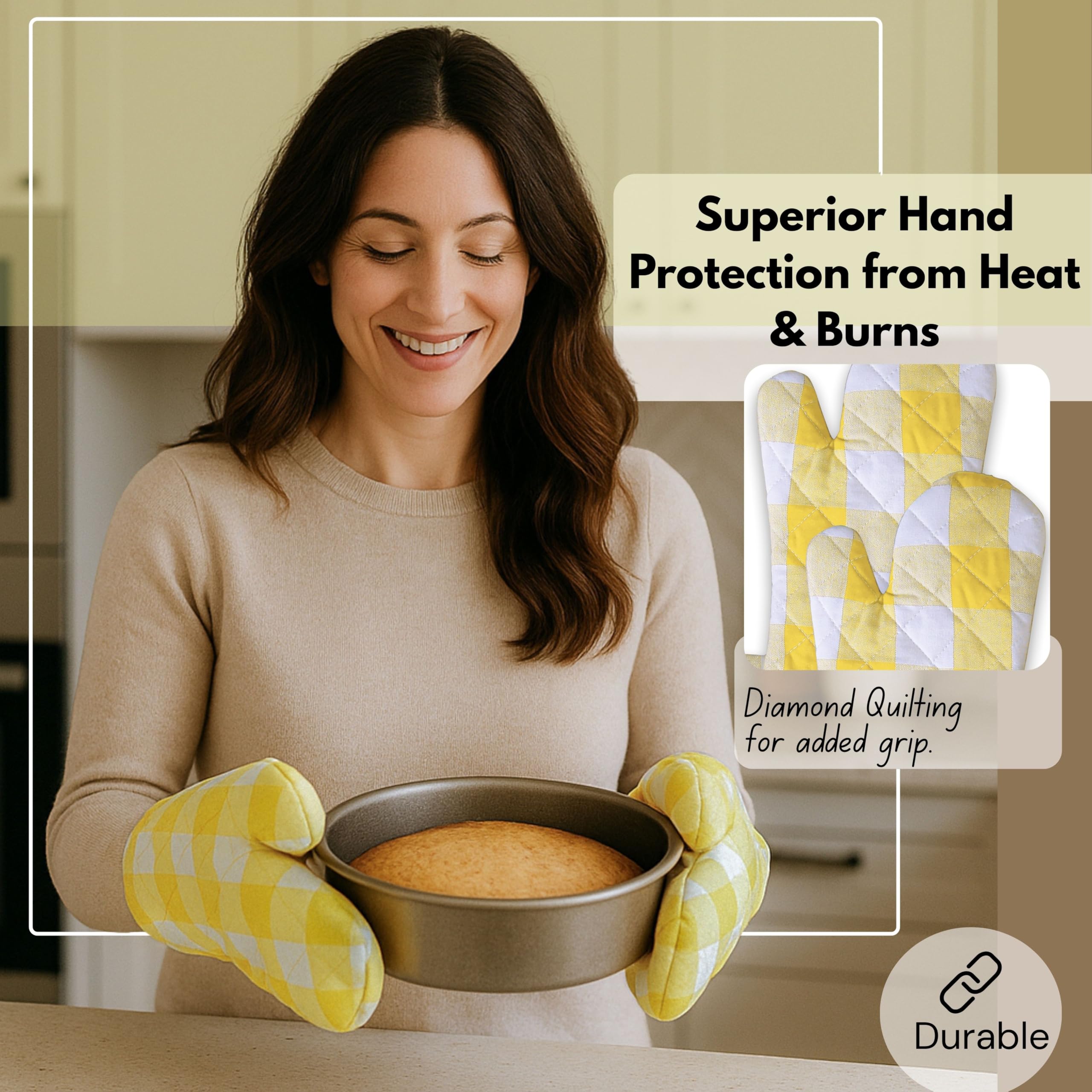 Native Fab Buffalo - Juego de 4 manoplas de horno y soportes para ollas, 100% algodón, resistentes al calor, 2 guantes de horno (7 x 13), 2 soportes para ollas (8 x 8) para cocinar y hornear, amarillo