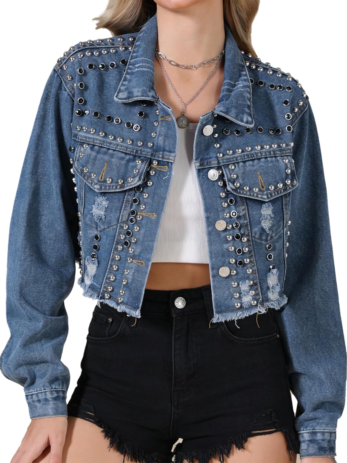 Allegra K Jean Jacket for Women's Rocker Party Rhinestones Denim Jacket