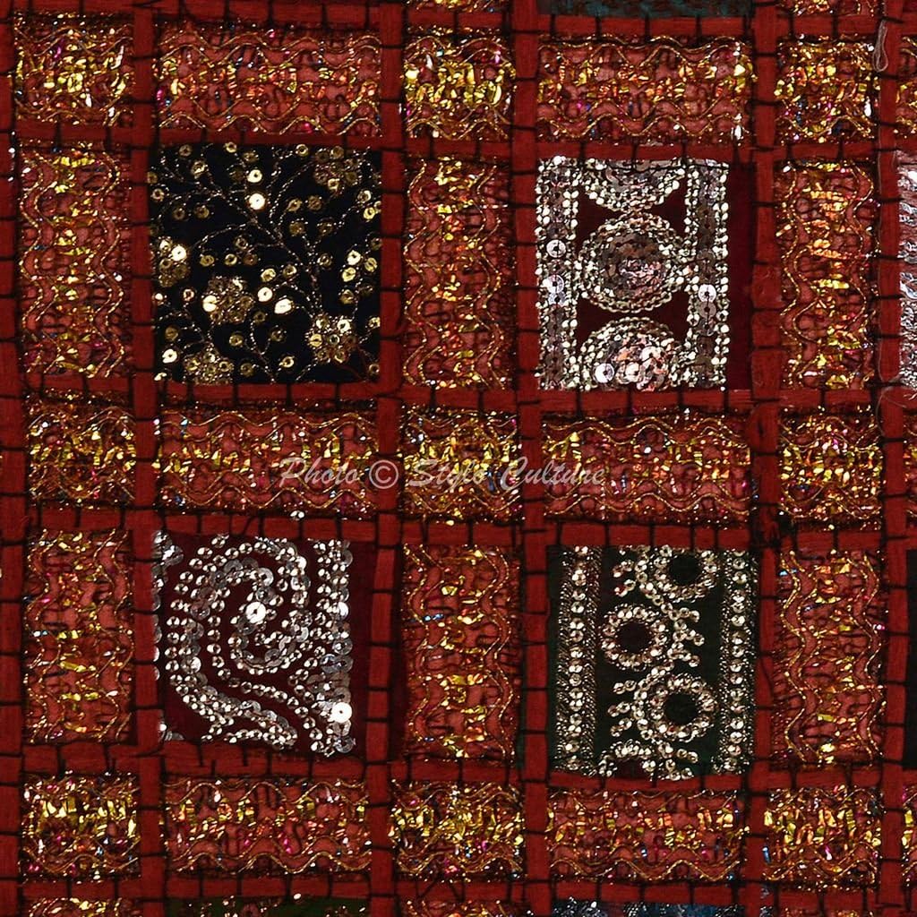 Bohemian Decorative Sofa Settee Toss Throw Pillow Cases 40x40 cm Cotton Bedroom Maroon Geometric Patchwork Sequins Embroidered Square Envelope Indian 16x16 Inch Cushion Covers - 5 Pcs