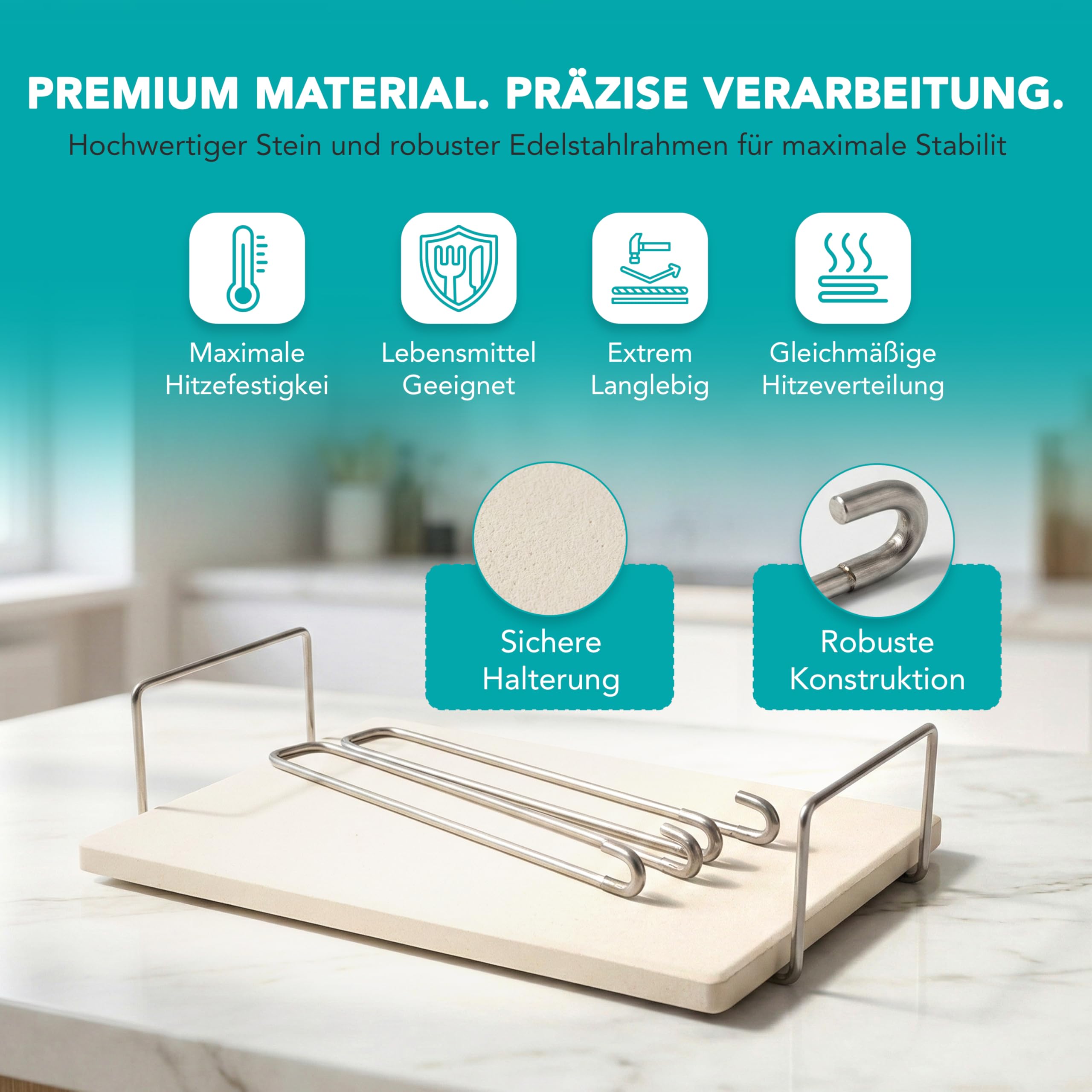 WunderFry - Pizzastein für Airfryer kompatibel mit Ninja, Cosori, Phillips uvm. - Hochwertiger Steinofen-Pizzastein für knusprige Pizza, Baguettes, Brötchen und Toast, inkl. Edelstahlrahmen
