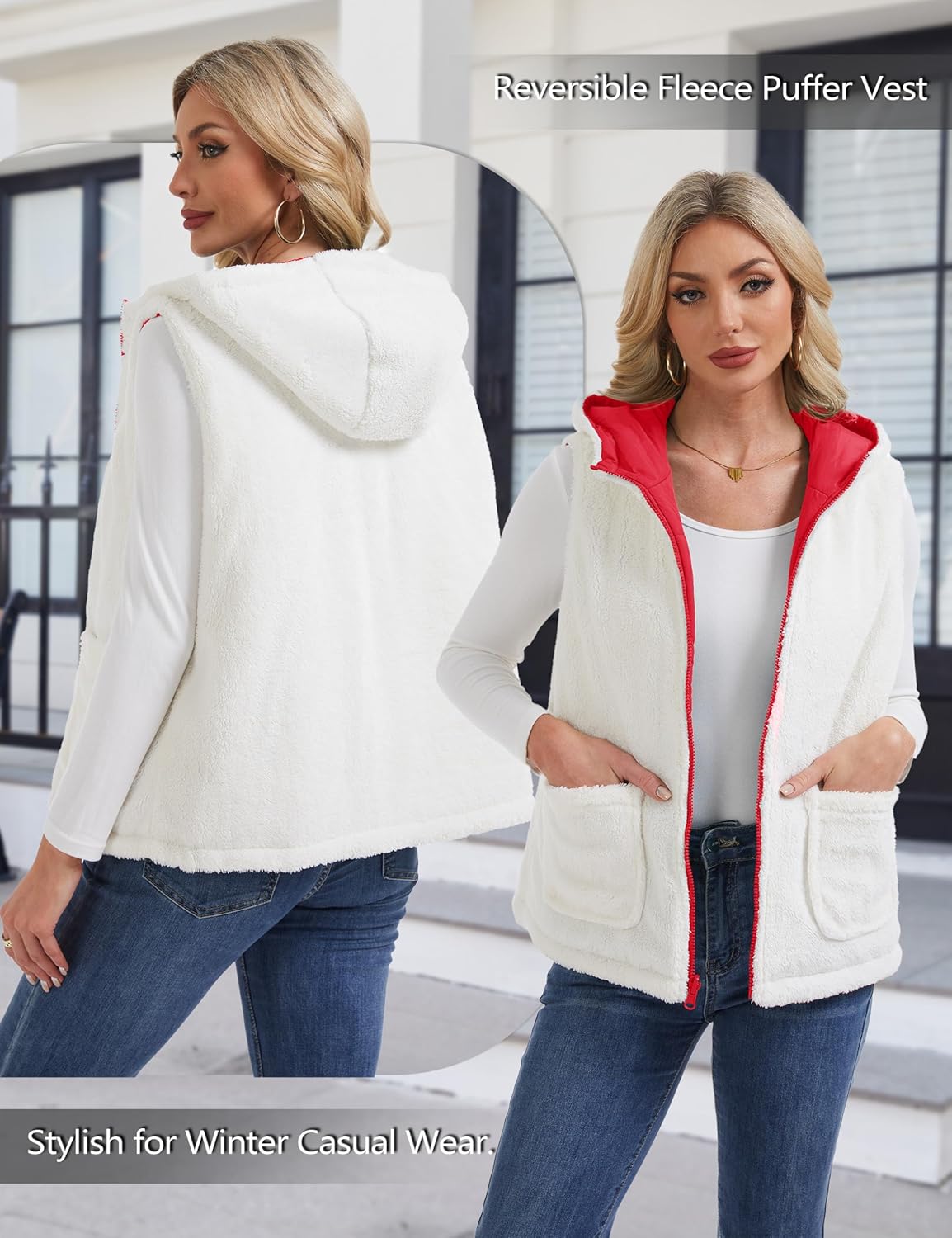 YUCOLEN Womens Puffer Vest Reversible Hooded Fleece Coat Quilted Zip Up Sleeveless Jacket Winter Outerwear with Pockets - Image 4