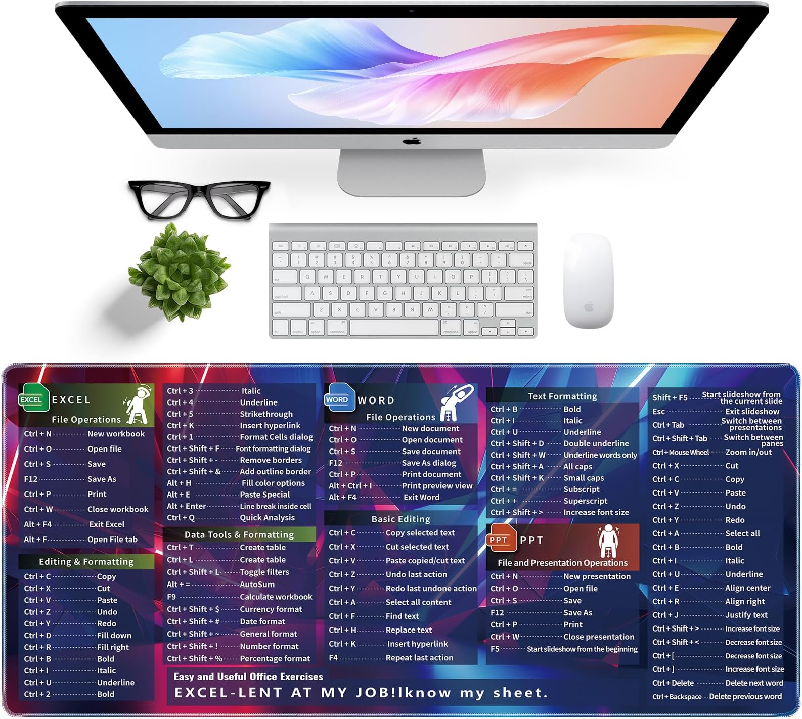 Excel Mouse Pad, Excel Mouse Pad Shortcuts Provide Quick Convenience for Office Workers, 35.4 x 15.7in Extra Large Mousepad Excel Mousepad for Office, School, Home and Games