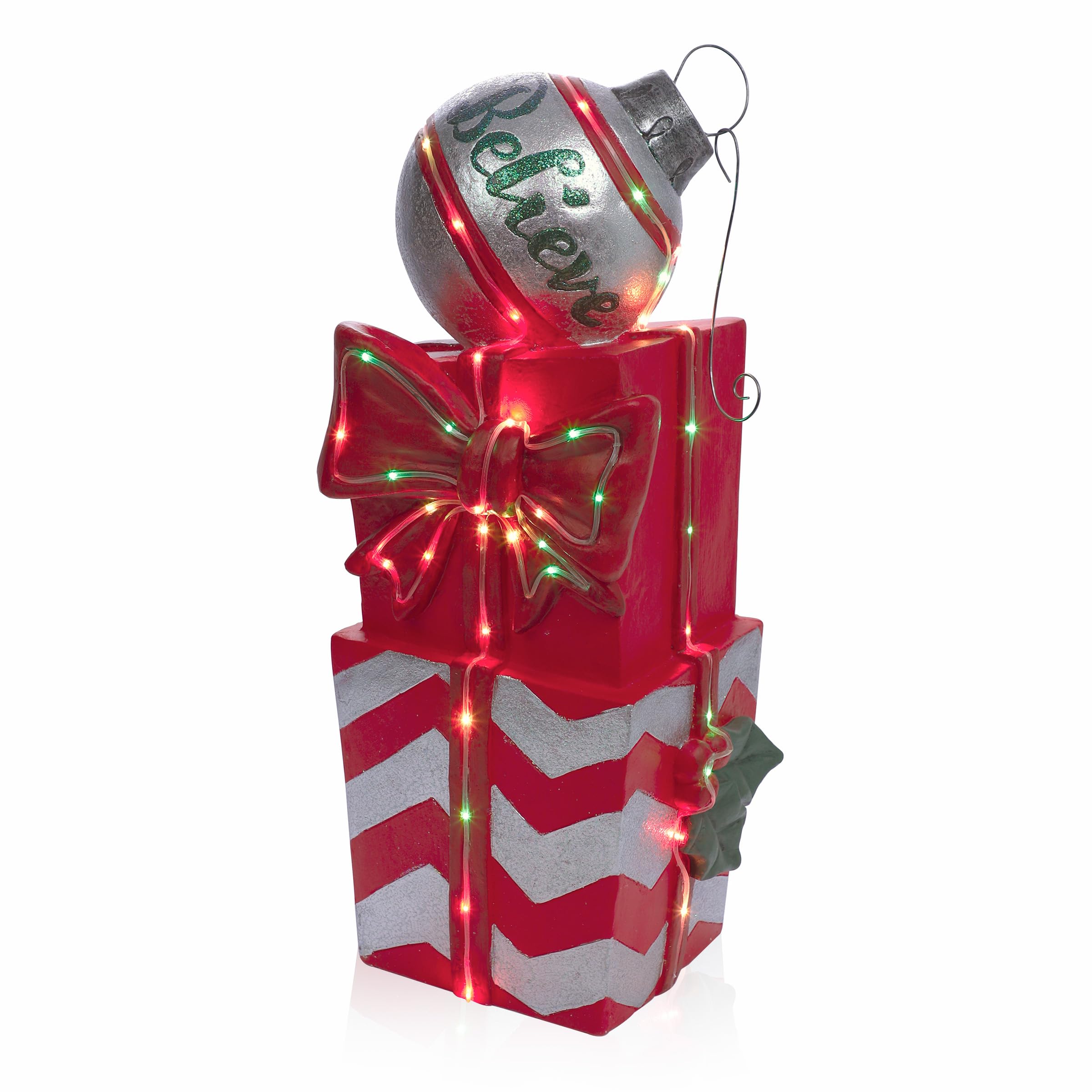 Alpine Corporation Holiday Décor Gifts and Believe Ornament Statue with Color Changing LED Lights