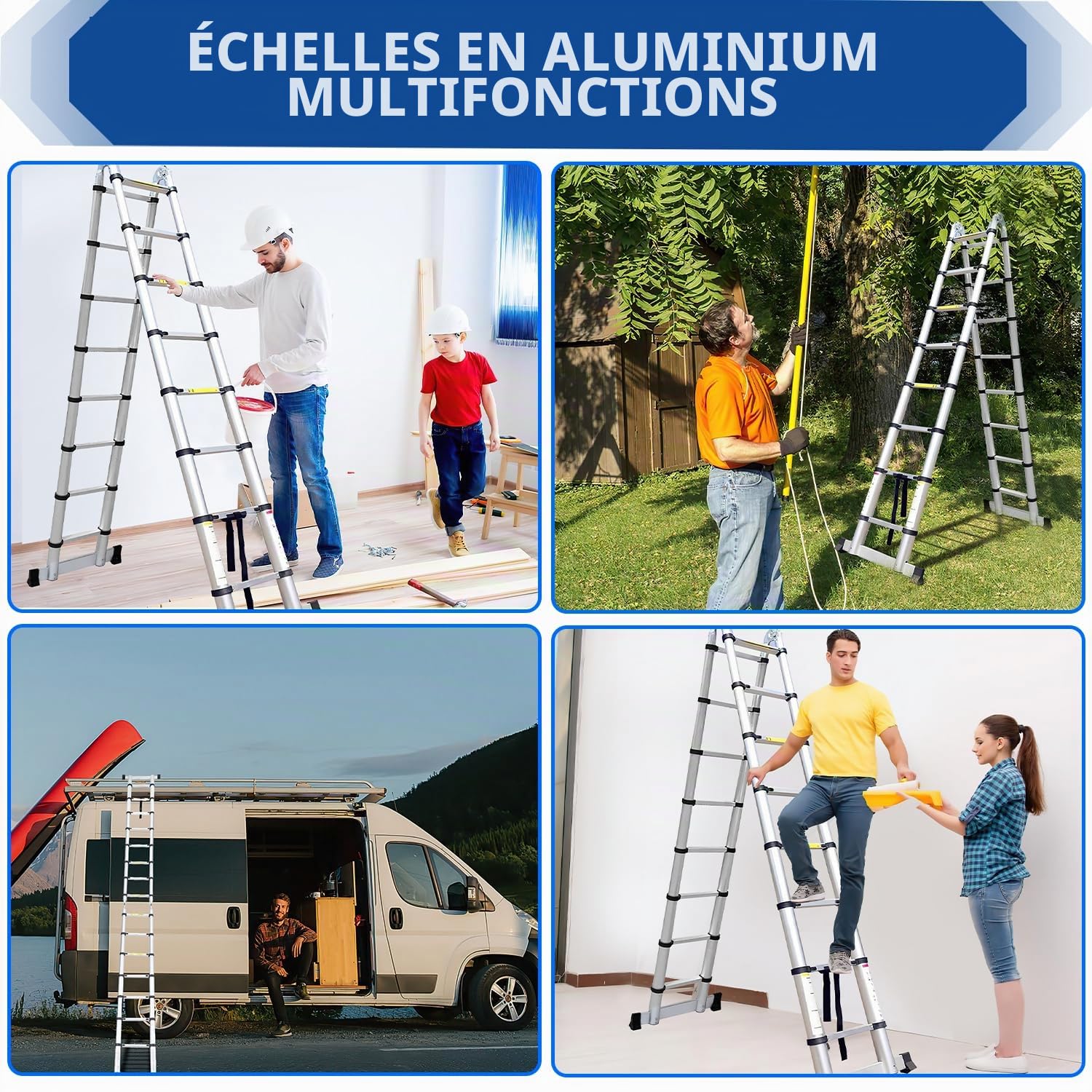 Échelle télescopique en aluminium - 3,2 m - Portable - Échelle télescopique en aluminium - Antidérapante - Multifonction - Charge maximale de 150 kg - Pour jardin, intérieur et extérieur